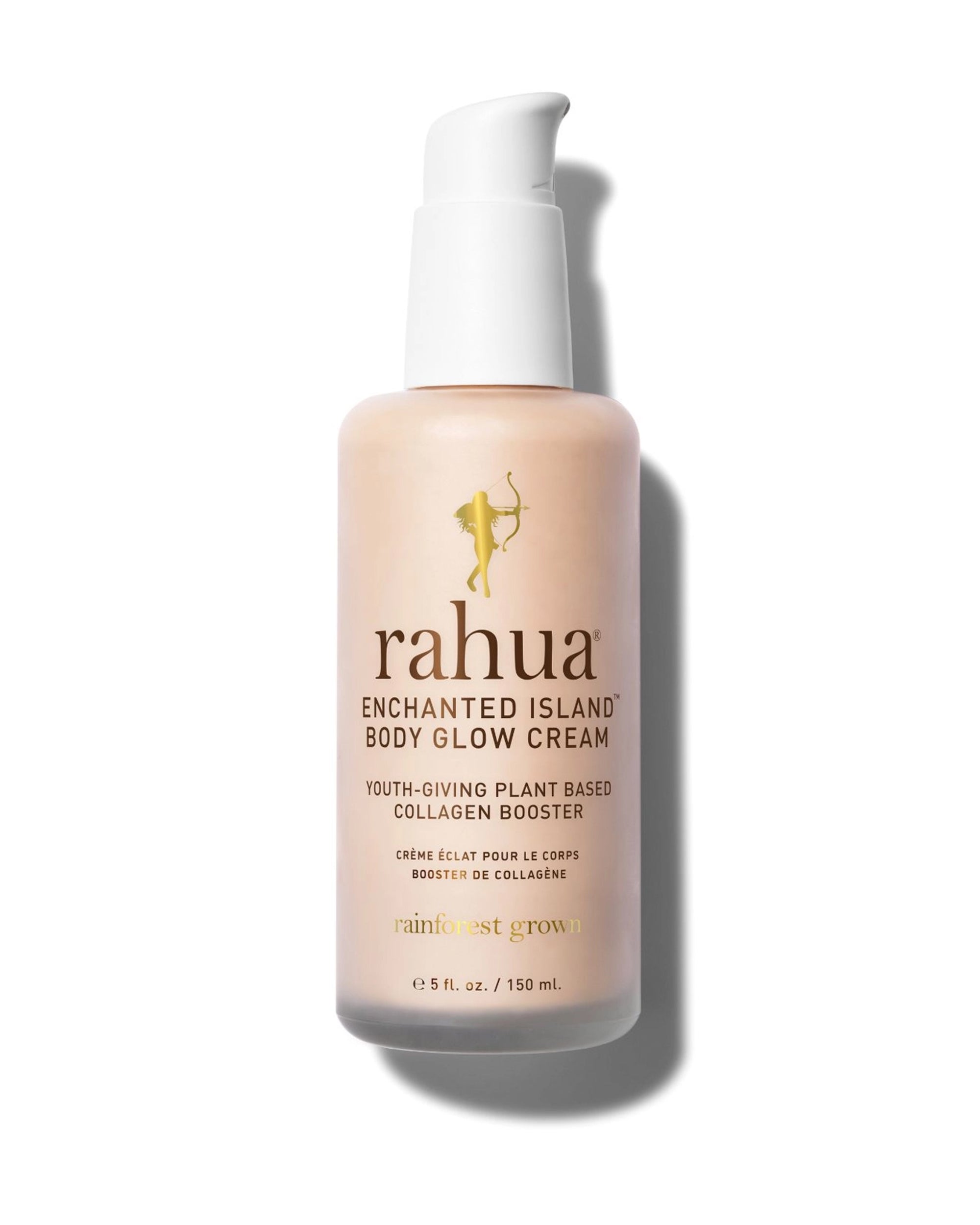 The Faire Rahua Enchanted Island Body Glow Cream is a 5 fl. oz. bottle with pump dispenser, featuring plant-based collagen boosters and hyaluronic acid for youthful, anti-aging benefits, and comes with luxe gold branding.