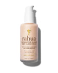 The Faire Rahua Enchanted Island Body Glow Cream is a 5 fl. oz. bottle with pump dispenser, featuring plant-based collagen boosters and hyaluronic acid for youthful, anti-aging benefits, and comes with luxe gold branding.