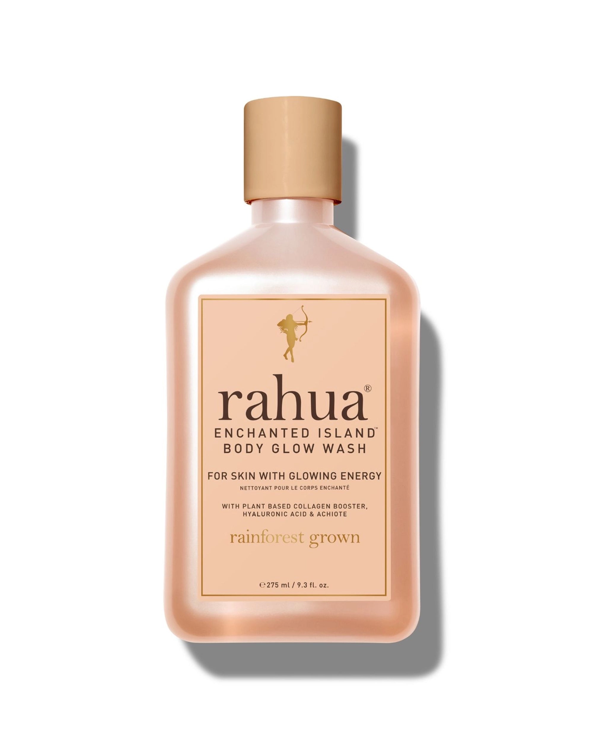 A peach-colored bottle of Rahua Enchanted Island Body Glow Wash by Faire with a tan cap and gold-white label, featuring plant-powered hyaluronic acid, plant-based collagen, and antioxidants for moisturized skin.