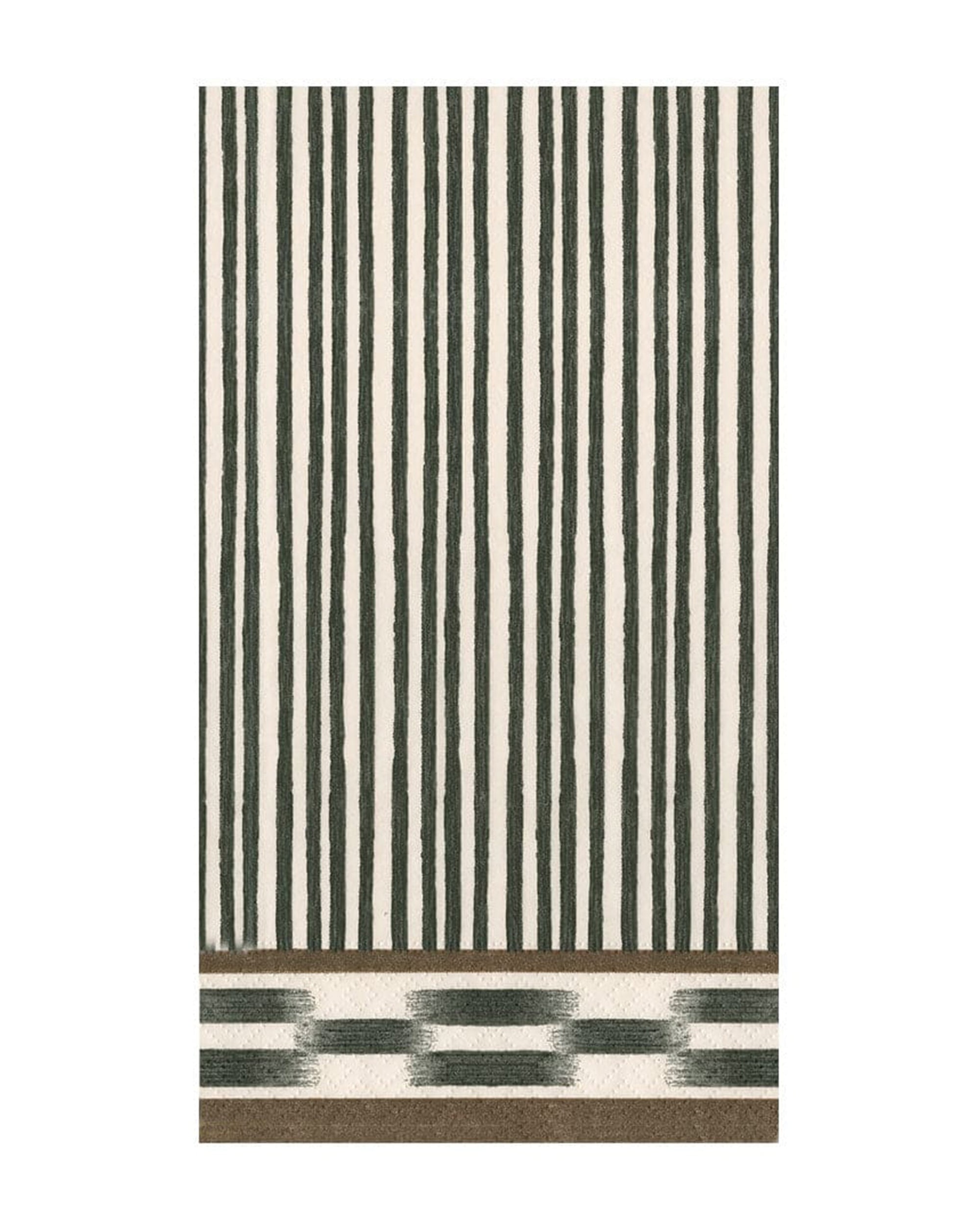 The Boho Stripe Guest Towels by Caspari, Inc. feature vertical dark green and cream stripes with a wide brown stripe and decorative rectangular patterns at one end, inspired by eco-friendly napkins.