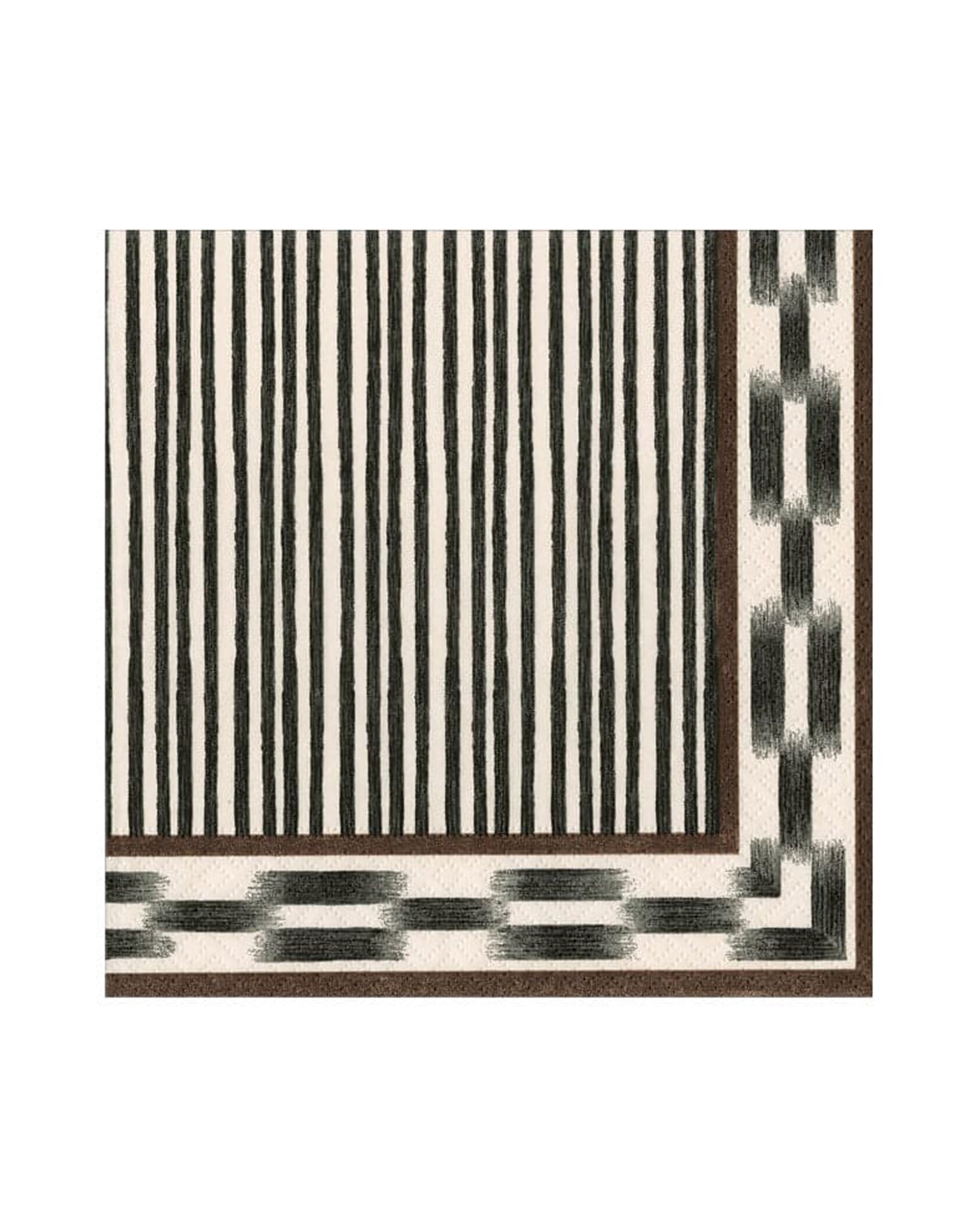 The Boho Stripe Cocktail Napkin by Caspari, Inc. features vertical black and white stripes, a brown border, and a chic geometric chain-link pattern along the edge for a stylish, eco-friendly look.