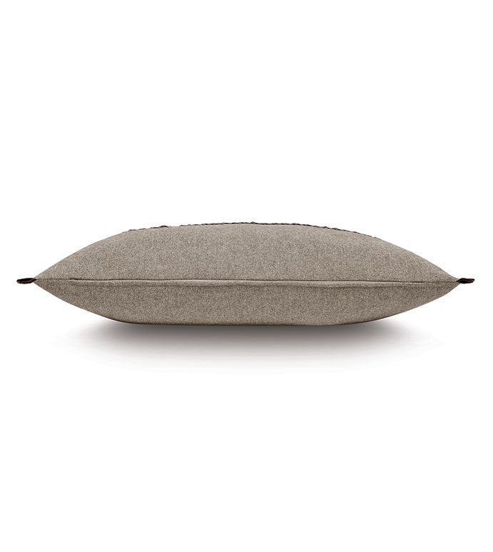 Light brown woven leather rectangular pillow, side view, by Eastern Accents, Cristobal Layered collection.