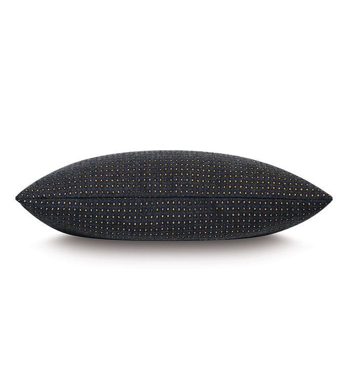 The OCTAVIUS WOOL rectangular pillow by Eastern Accents features a charcoal hue with small, evenly spaced gold dots. Shown side view on white background, this stylish 15x26 decorative pillow enhances any space.