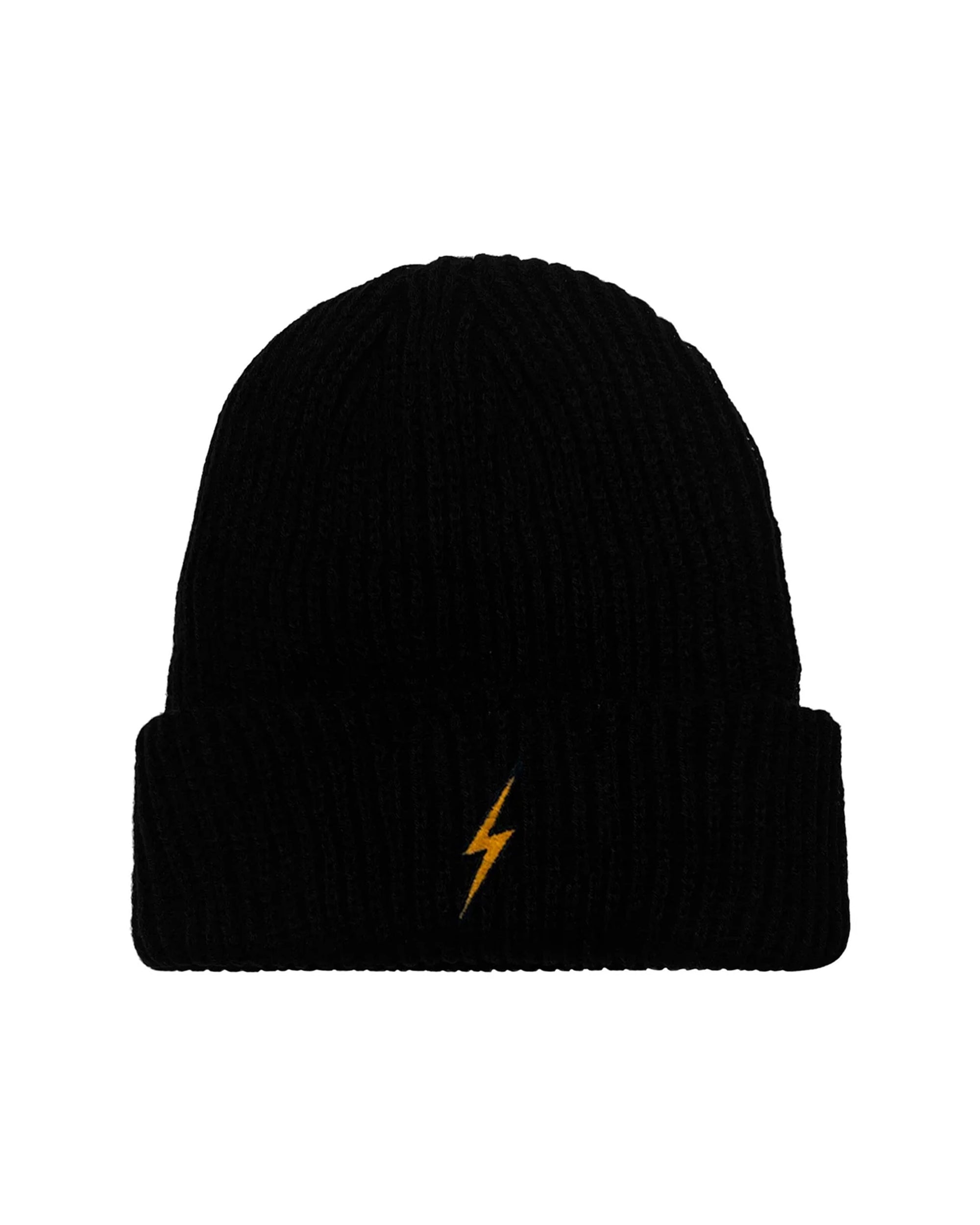 The Aviator Nation bolt-rib beanie is a black knit hat with a folded brim, featuring a small yellow lightning bolt on the front for added style.