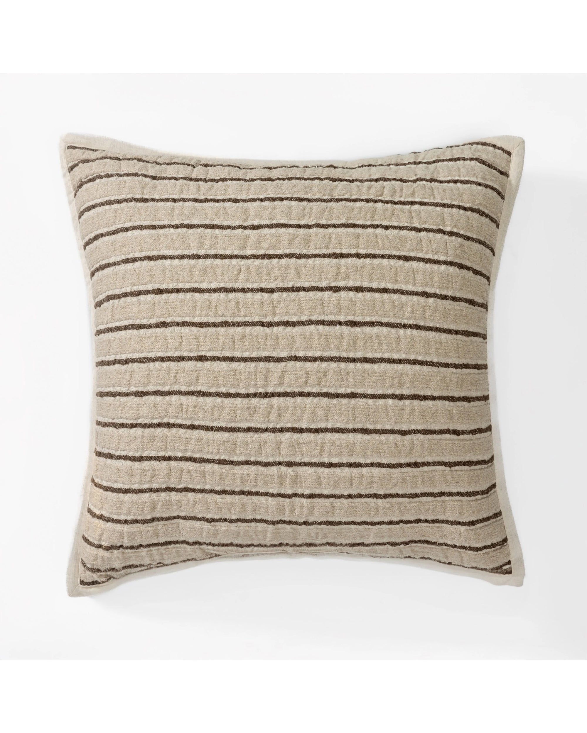 The Bonita Sham Euro by Amity Home is a rectangular beige pillow with horizontal dark brown stripes, made from natural linen for a wabi-sabi look. Its textured fabric and defined edges create standout style against any white backdrop.