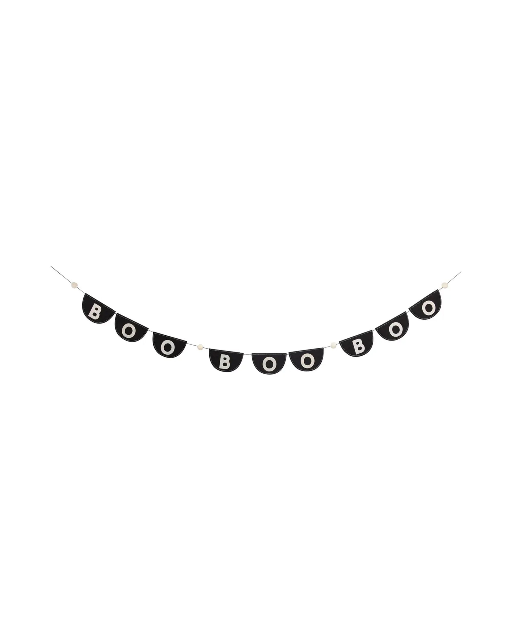 The My Mind's Eye Bunting Banner is a black felt semicircle flag banner that spells "BOO BOO BOO" in white letters—ideal for adding a festive, spooky touch to your Halloween decor.