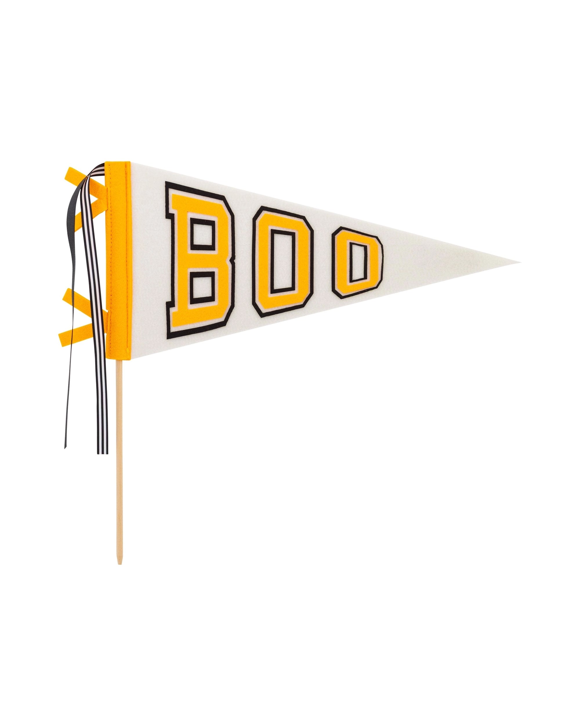 White felt pennant with bold yellow BOO, yellow trim, black and yellow ribbon, and wooden stick by Faire.