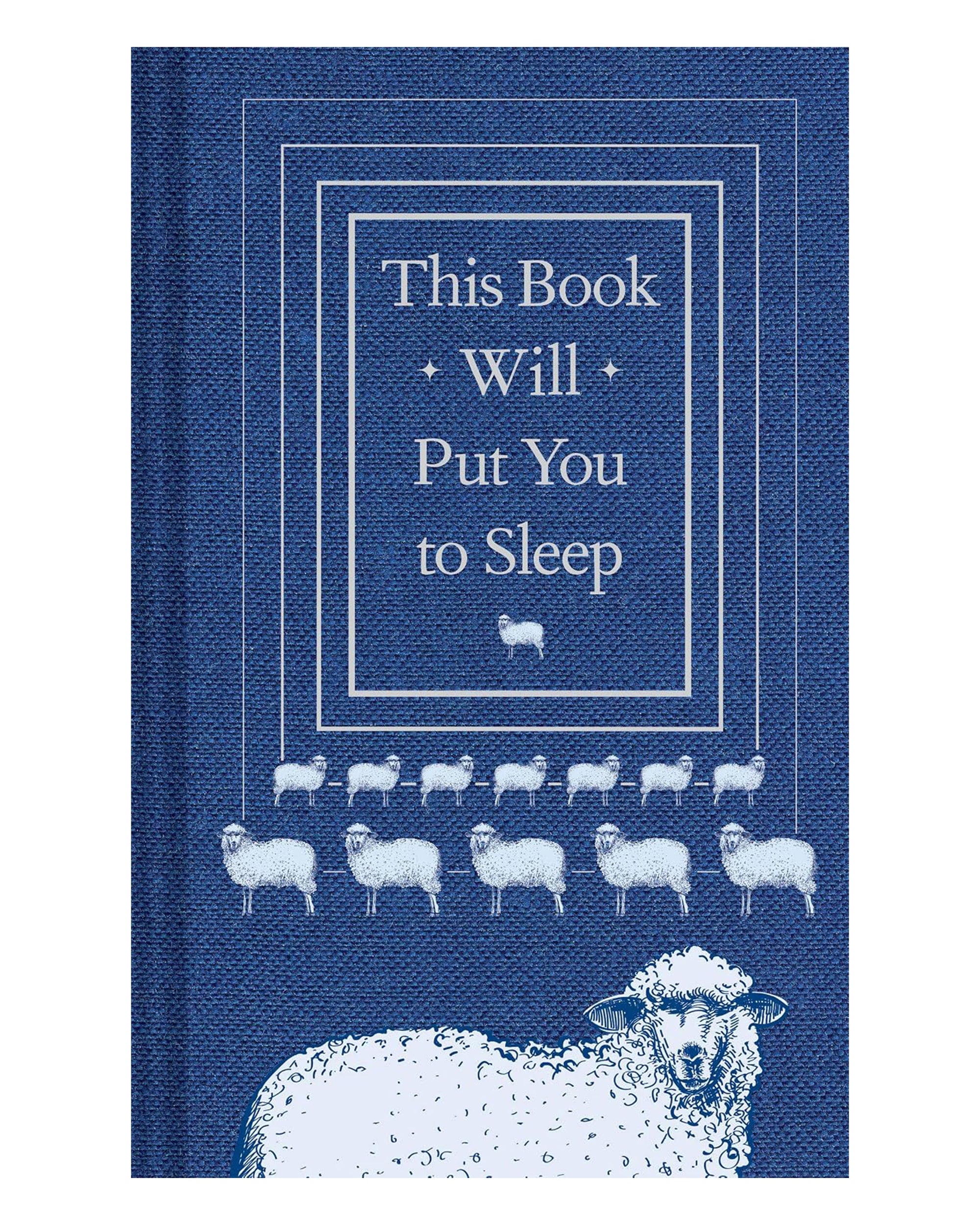 Blue book cover with sheep, This Book Will Put You to Sleep by Hachette Book Group; playful decor or thoughtful gift.
