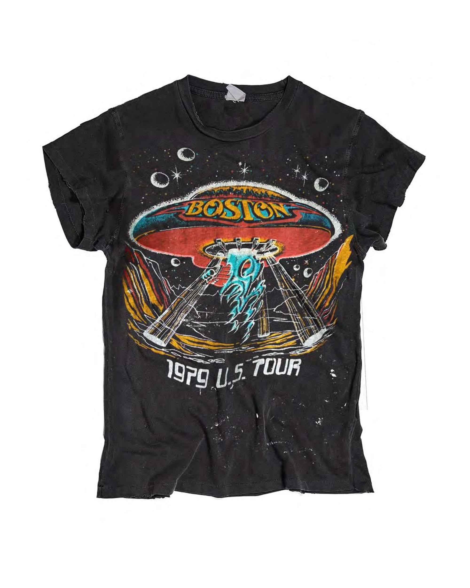 The Made Worn Boston Tee is a black unisex shirt with a colorful spaceship graphic, "Boston" above, beams of light, and "1979 U.S. Tour" below. It features a distressed vintage look perfect for fans.