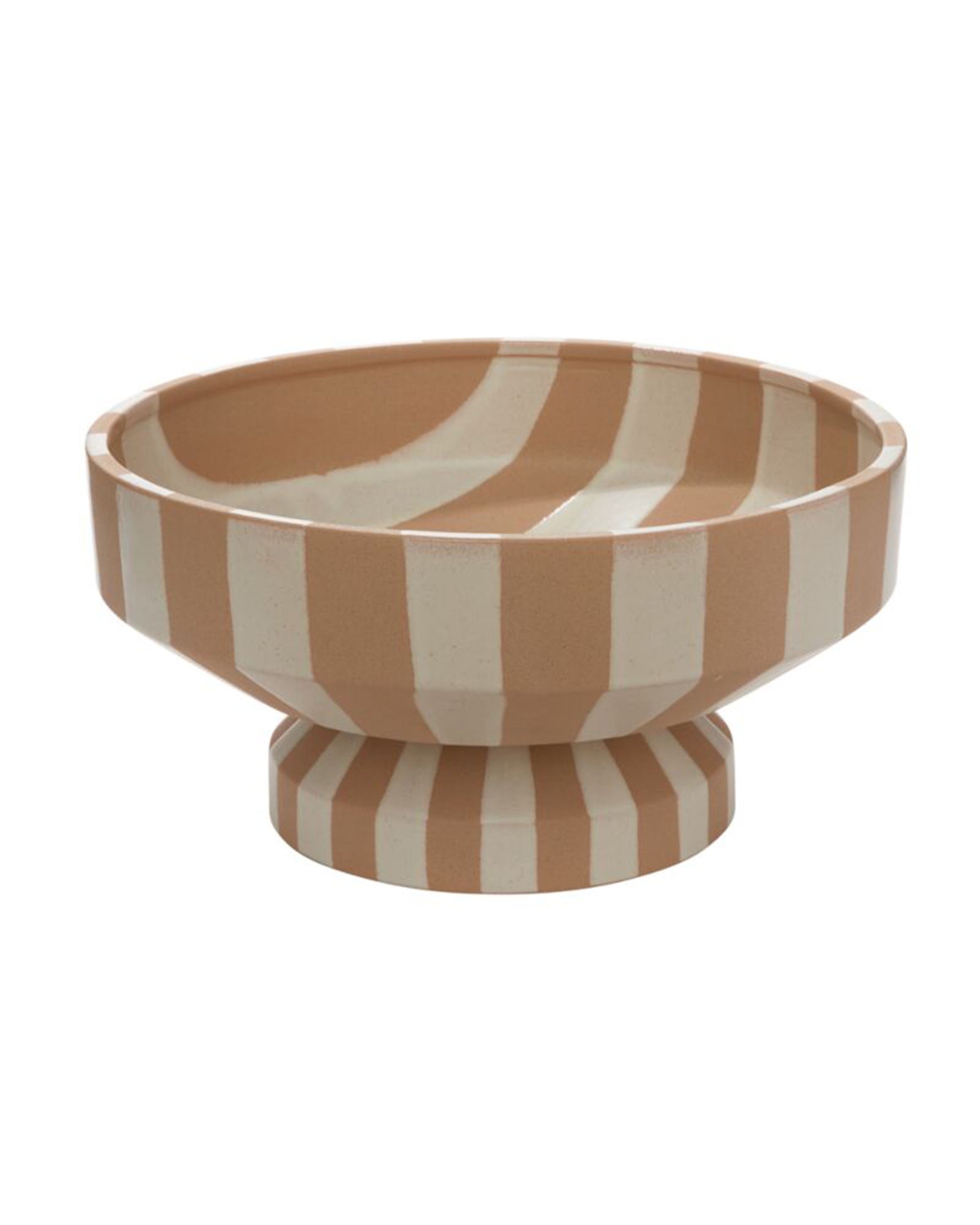 The Botera Footed Bowl by Accent Decor is a ceramic serving dish with a wide, round shape, pedestal base, and alternating vertical beige and terracotta stripes inside and out.