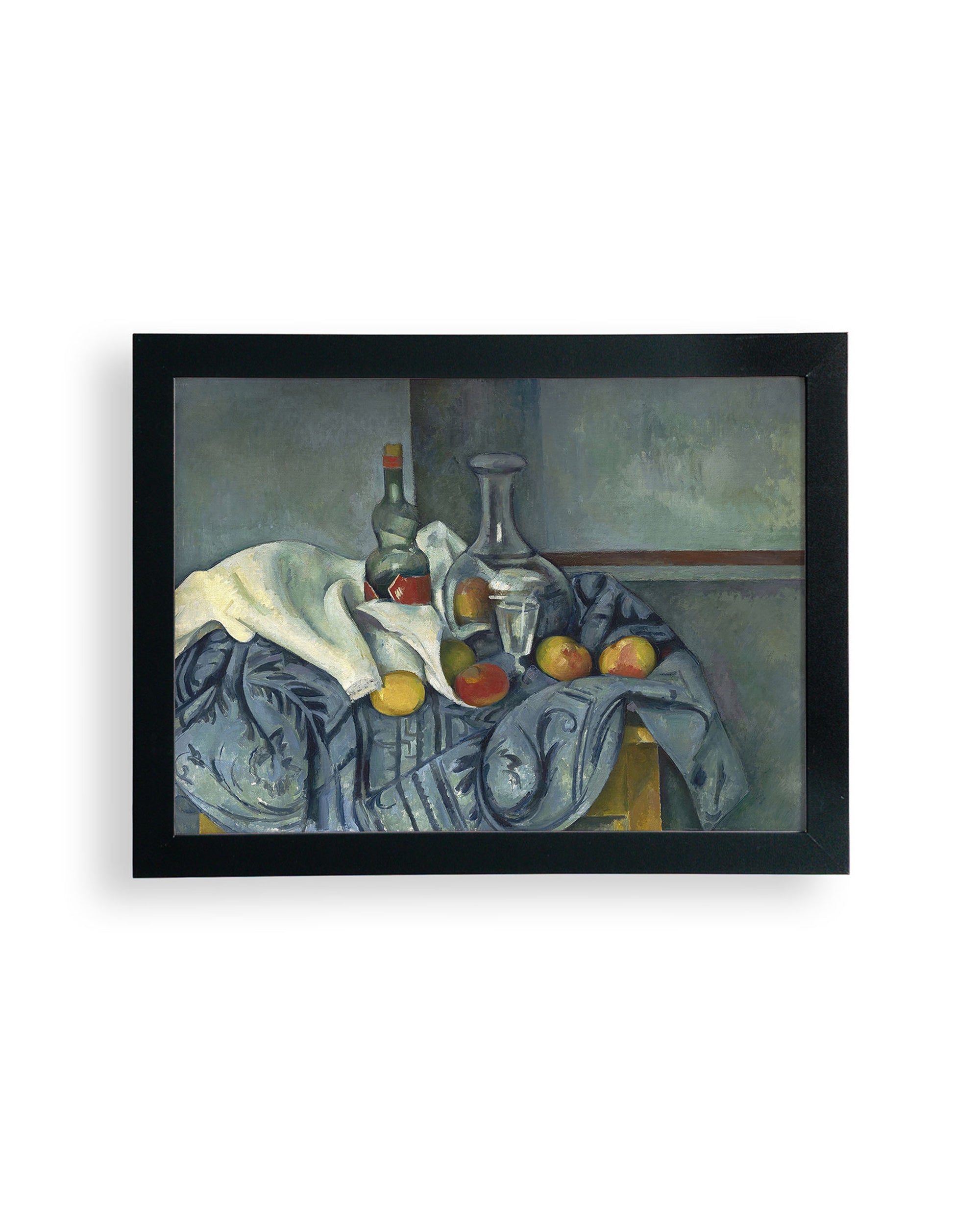 Faire's "Cezanne The Peppermint Bottle" limited-edition framed poster features a still life with wine bottle, carafe, glass, apples, and white cloth on a blue tablecloth, printed on matte art paper.