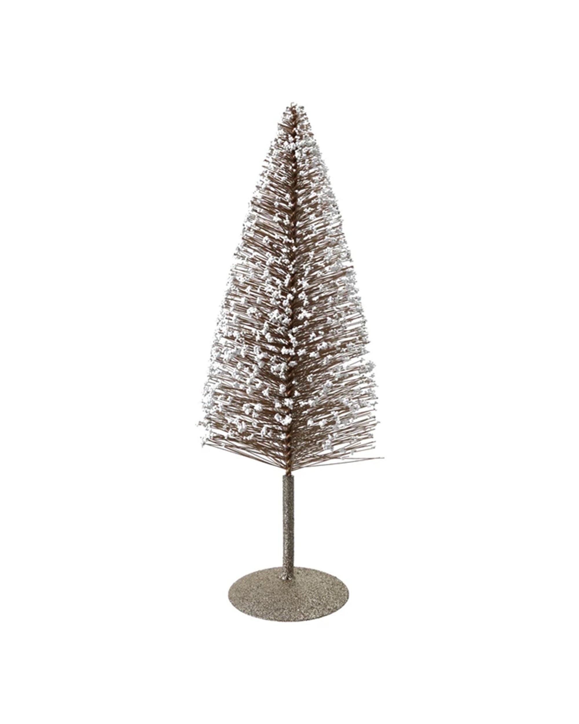 The Creative Co-op Bottle Brush W/ Beads is a small artificial Christmas tree with snowy white tips on a round base, making it a charming gold holiday decoration for any space.
