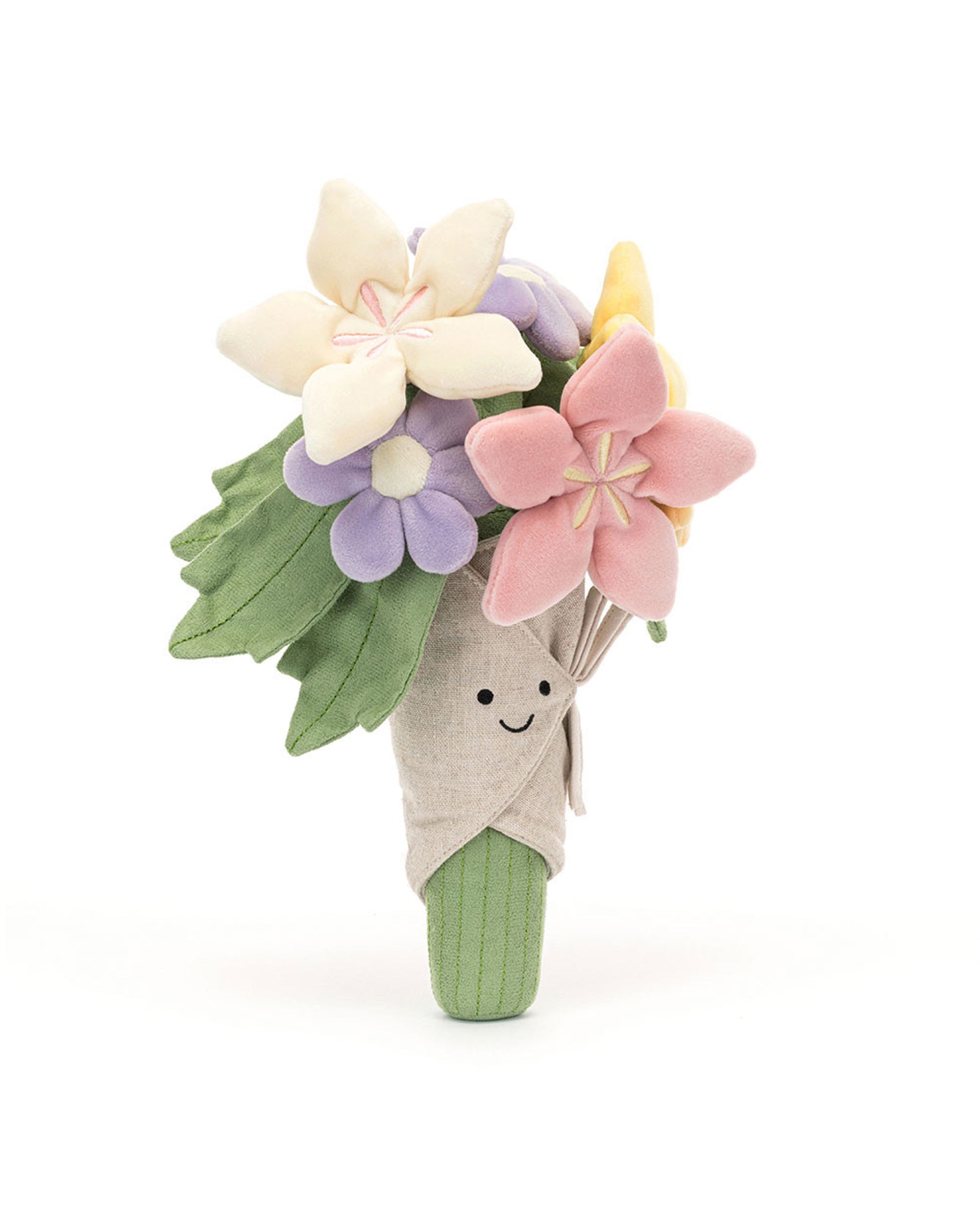 The Jelly Cat Inc. Bouquet of Flowers features pastel fabric blooms and green leaves with a smiling face on the wrapped stem—an adorable, soft gift for any occasion.