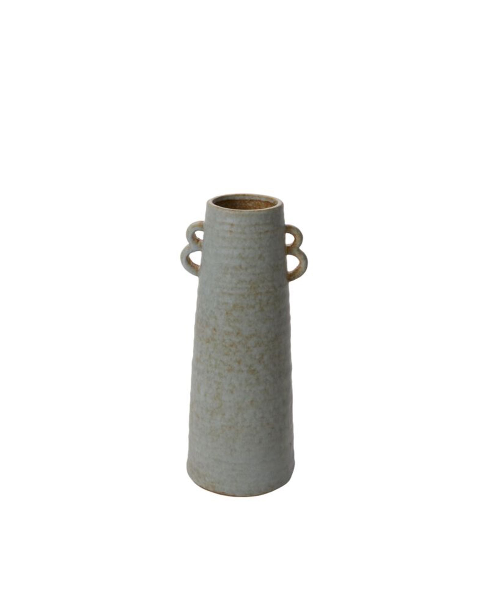 The Accent Decor 96715 Bowen Vase M is a tall ceramic vase with a textured light gray finish and two small looped top handles, bringing modern elegance to any space.