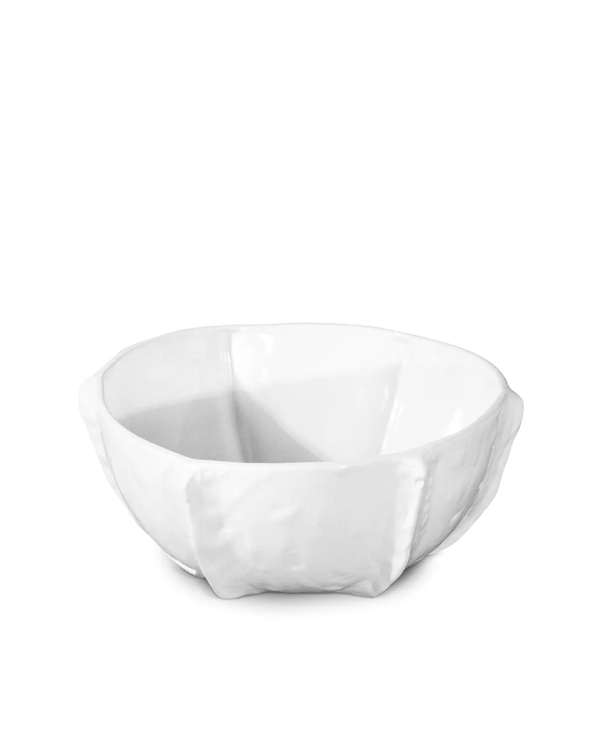 The Montes Doggett 5371 Bowl No. 371 is a white, high-fired ceramic bowl with a faceted geometric exterior and smooth interior, shown on a plain white background. This bowl is microwave and dishwasher safe.
