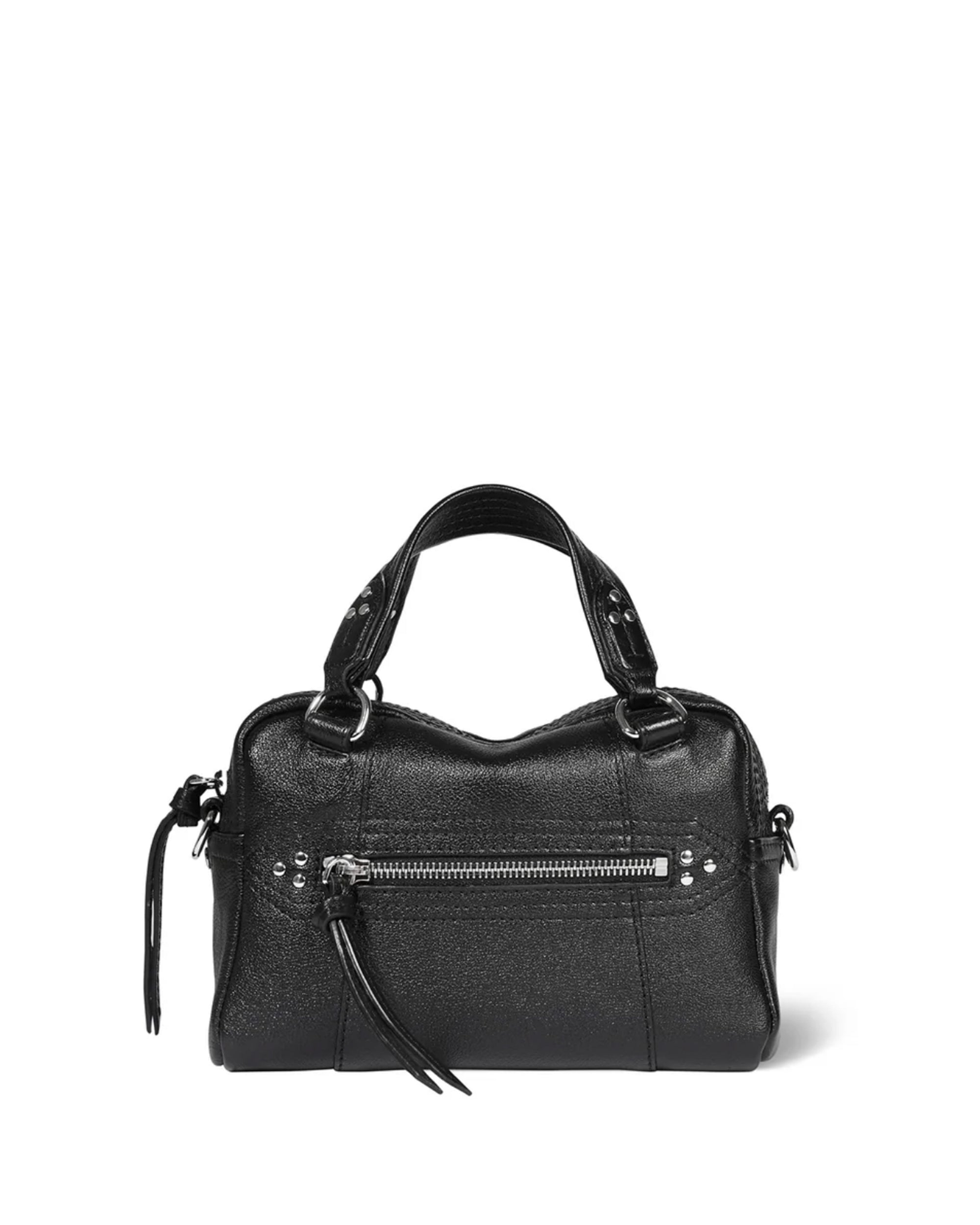 The Jerome Dreyfuss Lucky Mini Bowling Bag is a small black leather bag with two short handles, silver hardware, a front zipper pocket with tassel pull, and decorative studs. Shown against a white background.