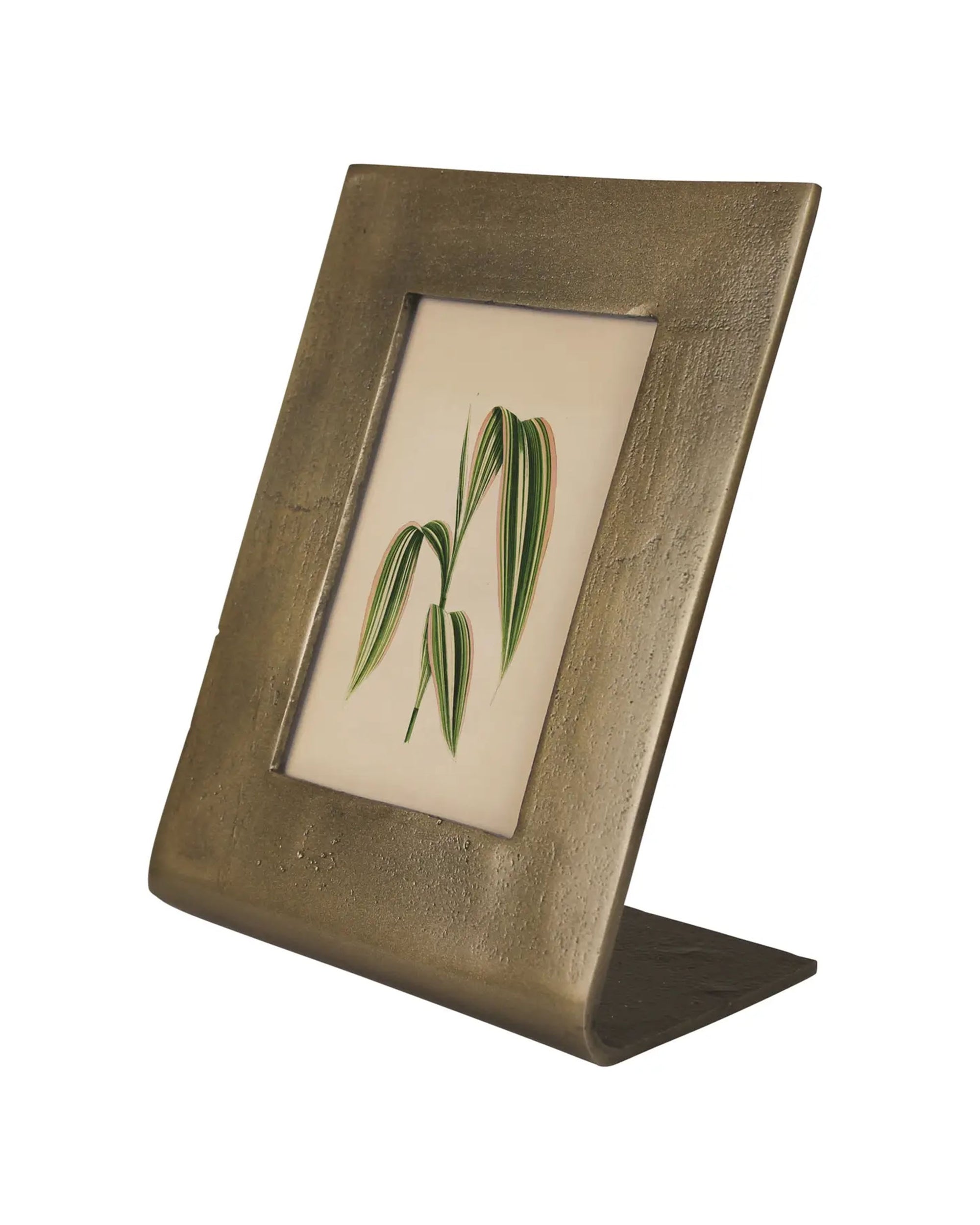 The Ridley Picture Frame by HomArt features a metallic easel design with a slanted base, shown displaying green and yellow leaf art on white, photographed against a plain white background.