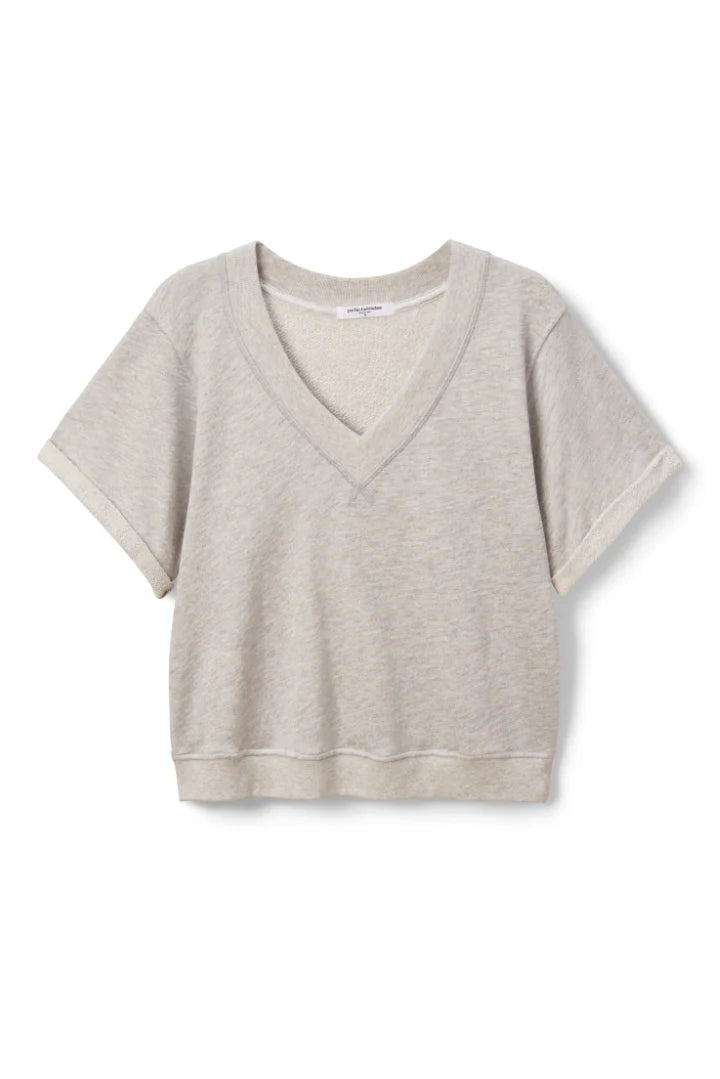 The Perfectwhitetee French Terry SS Crew in light gray features short sleeves, a relaxed fit, and a slightly cropped hem, shown on a plain white background.