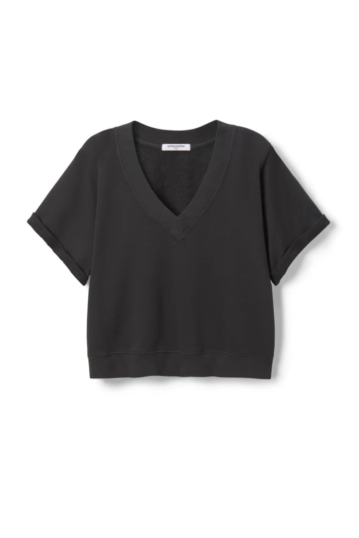 The Perfectwhitetee French Terry SS Crew is a loose-fitting, short-sleeve black shirt featuring a wide neckline and rolled cuffs, shown against a plain white background.