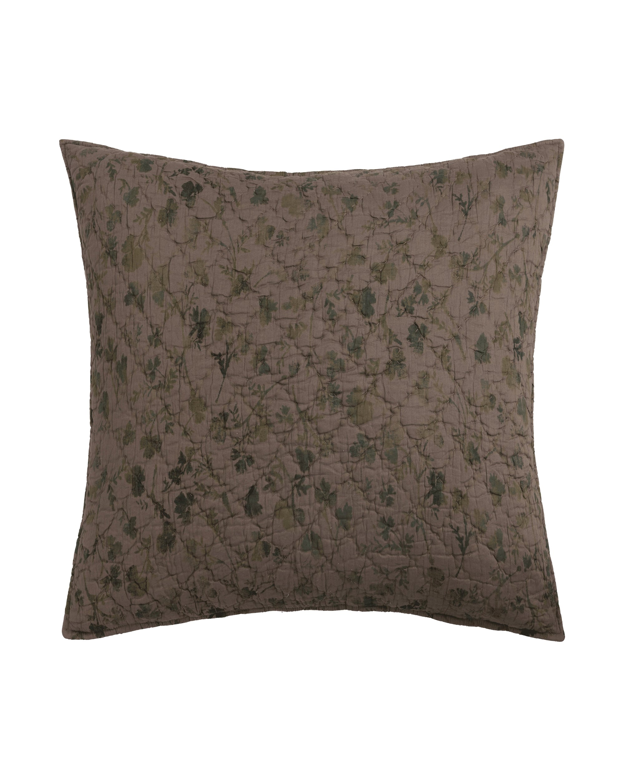 The Brittany Sham by Amity Home is a rectangular pillow featuring a muted brown background with a subtle dark green floral pattern. Hand quilted for unique texture, it looks soft and plush.