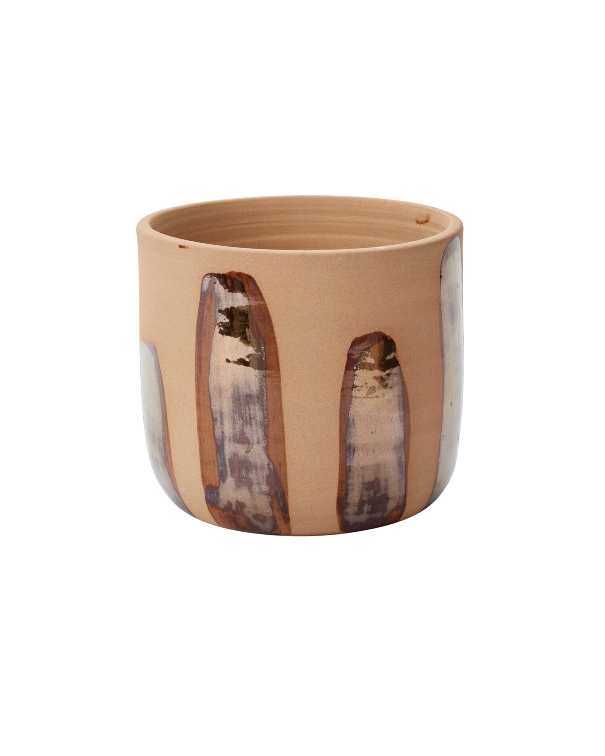 The Accent Decor 58172 Bronze Brushstroke Pot is a handcrafted ceramic pot with a matte finish and vertical gray and brown patterns. Its sleek, cylindrical shape suits modern decor, but it does not have visible drainage holes.