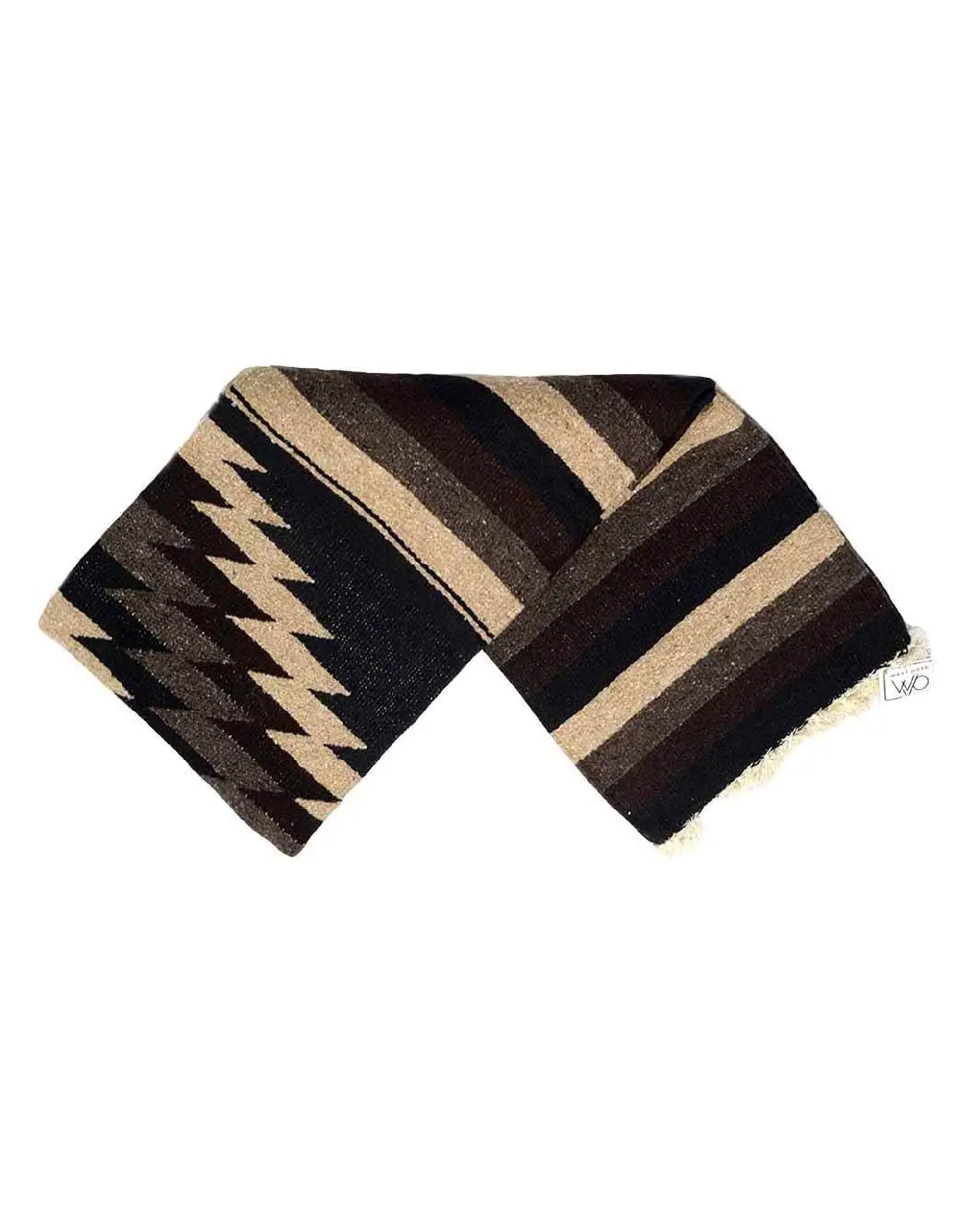 The Faire XL Mexican Diamond Blanket in brown and black features a geometric design with zigzag and stripe patterns, inspired by traditional Mexican textiles, shown against a white background.