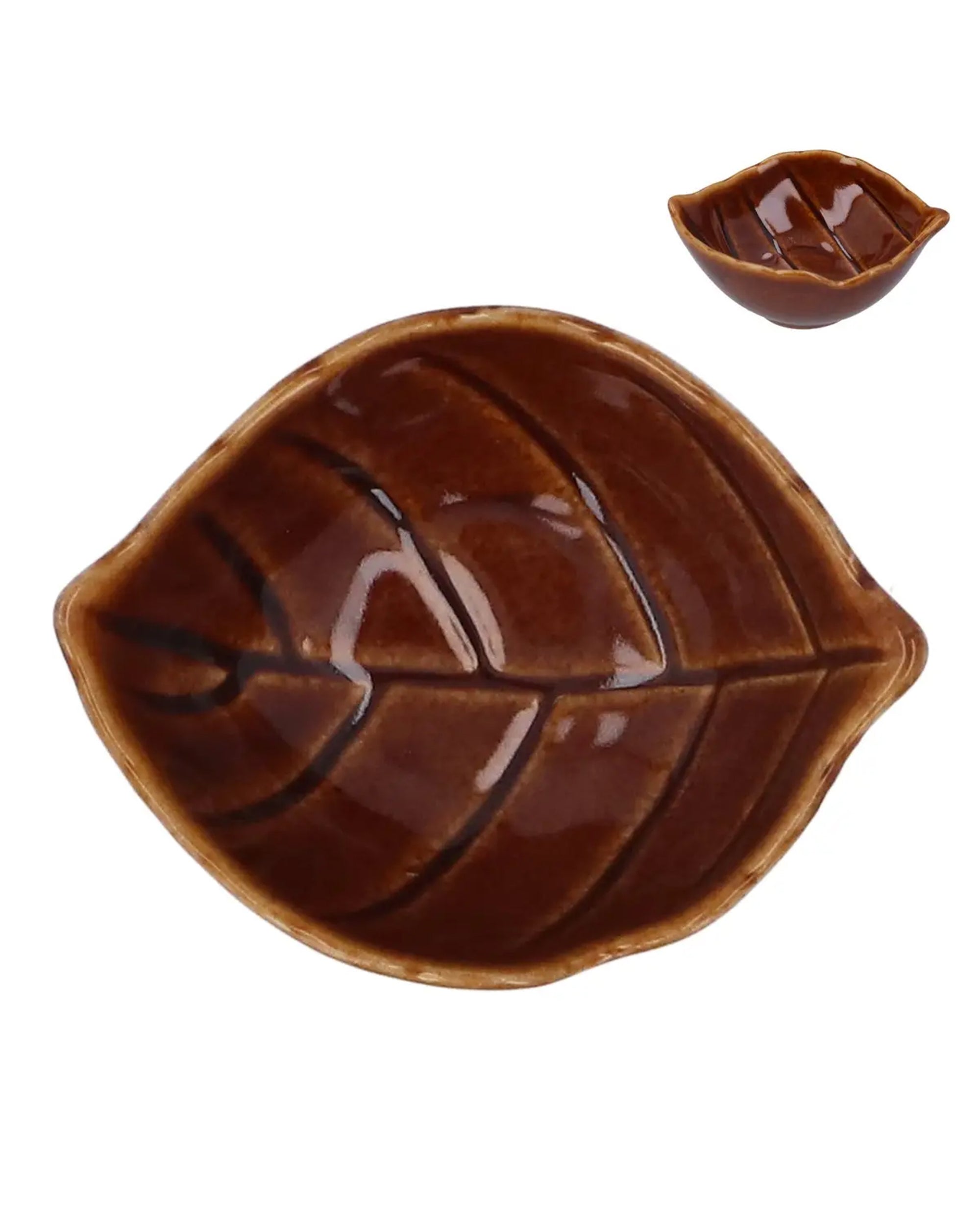 Mini brown stoneware leaf dish with detailed veins, top and side view by Faire for Bungalow Furniture &amp; Accessories.