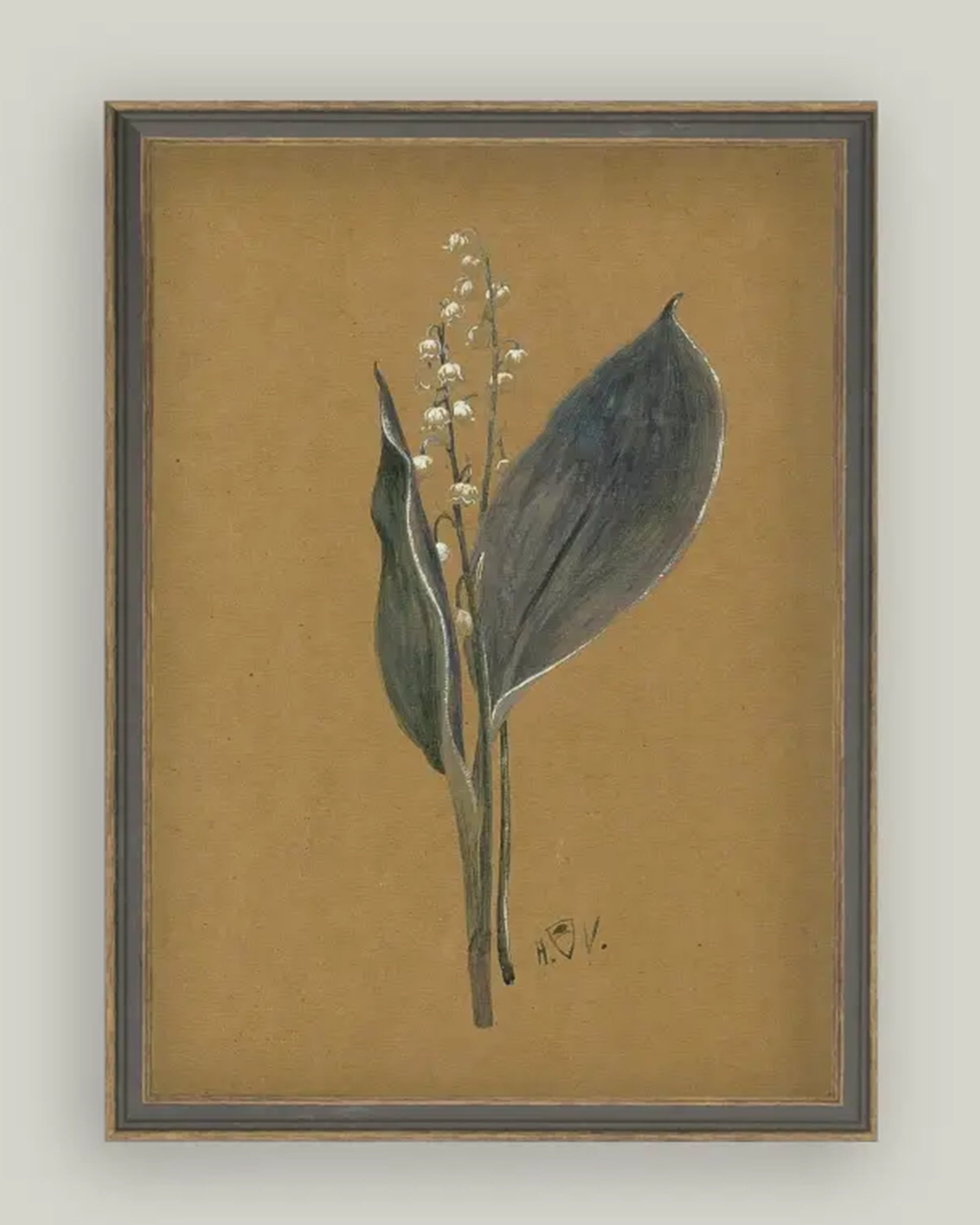 The Petal Lane Home "Lily On Brown Framed" canvas print features a botanical lily of the valley with green leaves and white bell flowers, set against a brown background for an antique art appeal.