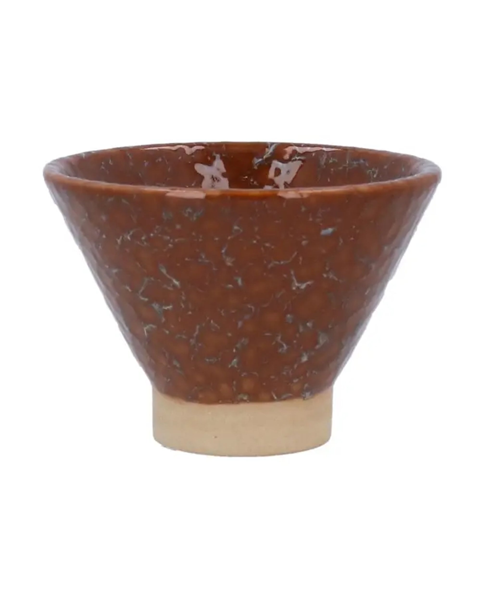 The Brown Speckle Stoneware Mini Bowl by Faire features a conical shape, brown marbled glaze, and light beige base—perfect as tabletop decor and shown against a white background.
