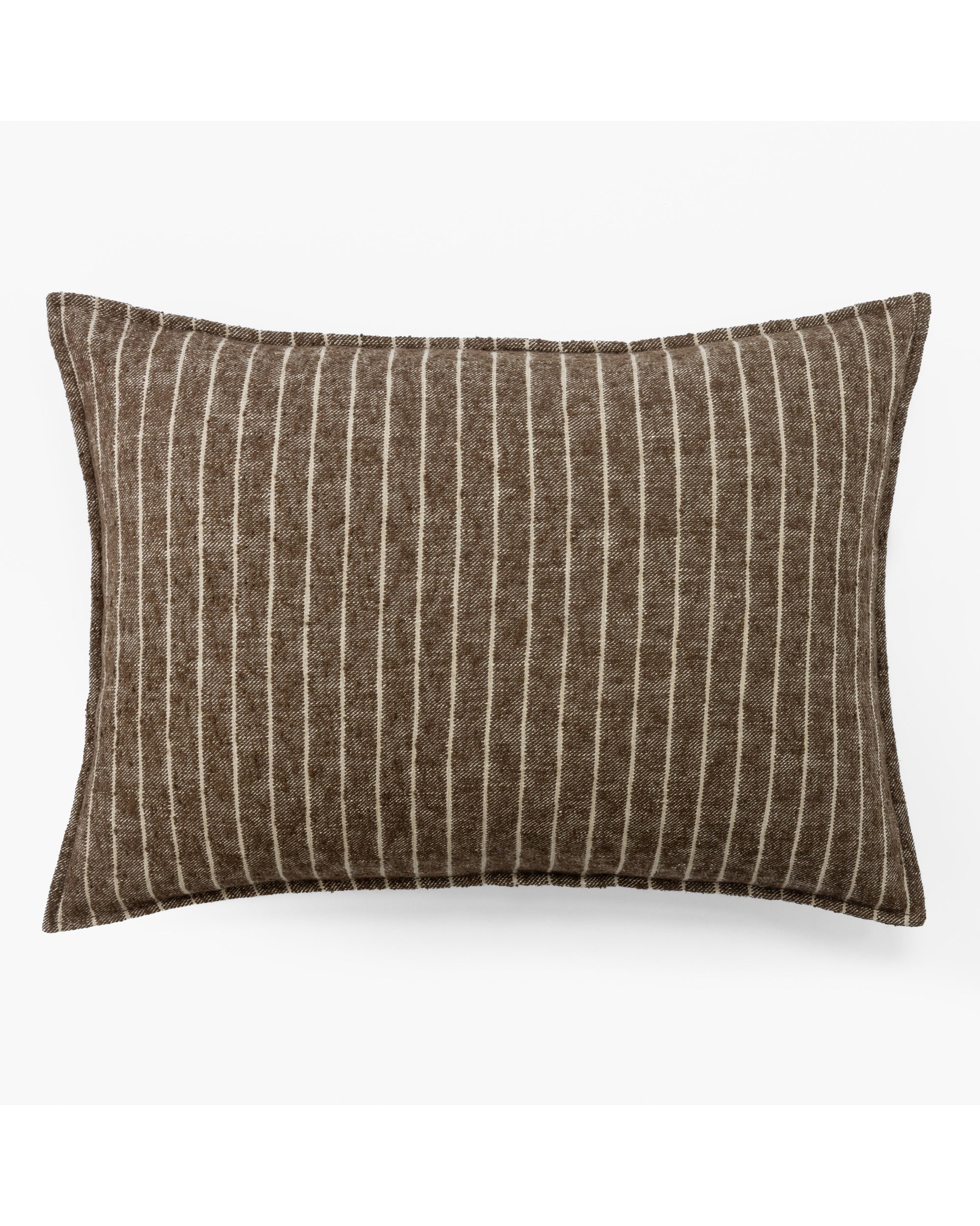 The Bruno Sham Dutch Euro by Amity Home is a rectangular brown pillow with thin vertical white stripes on a plain background, bringing warm, earthy texture and inviting style to any space.