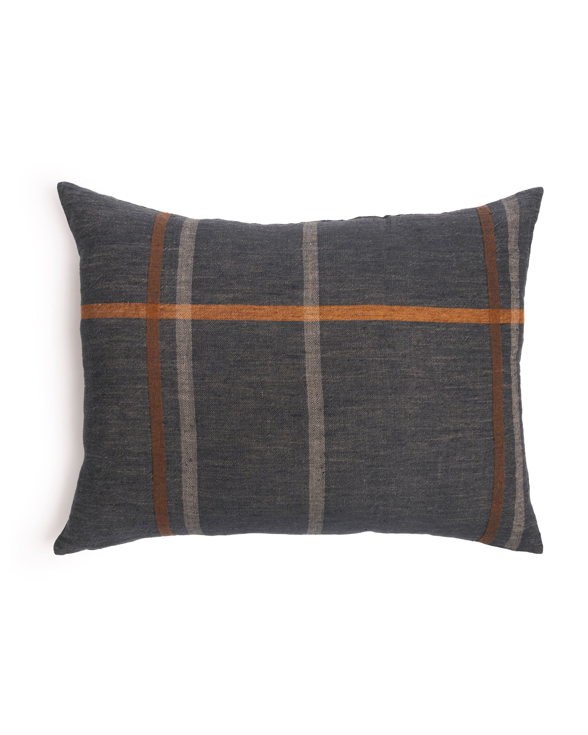 The POM POM Bryant Big Pillow 28x36 features a rectangular, dark gray, hand-loomed linen cover with textured vertical gray and brown stripes and a horizontal brown stripe near the top.