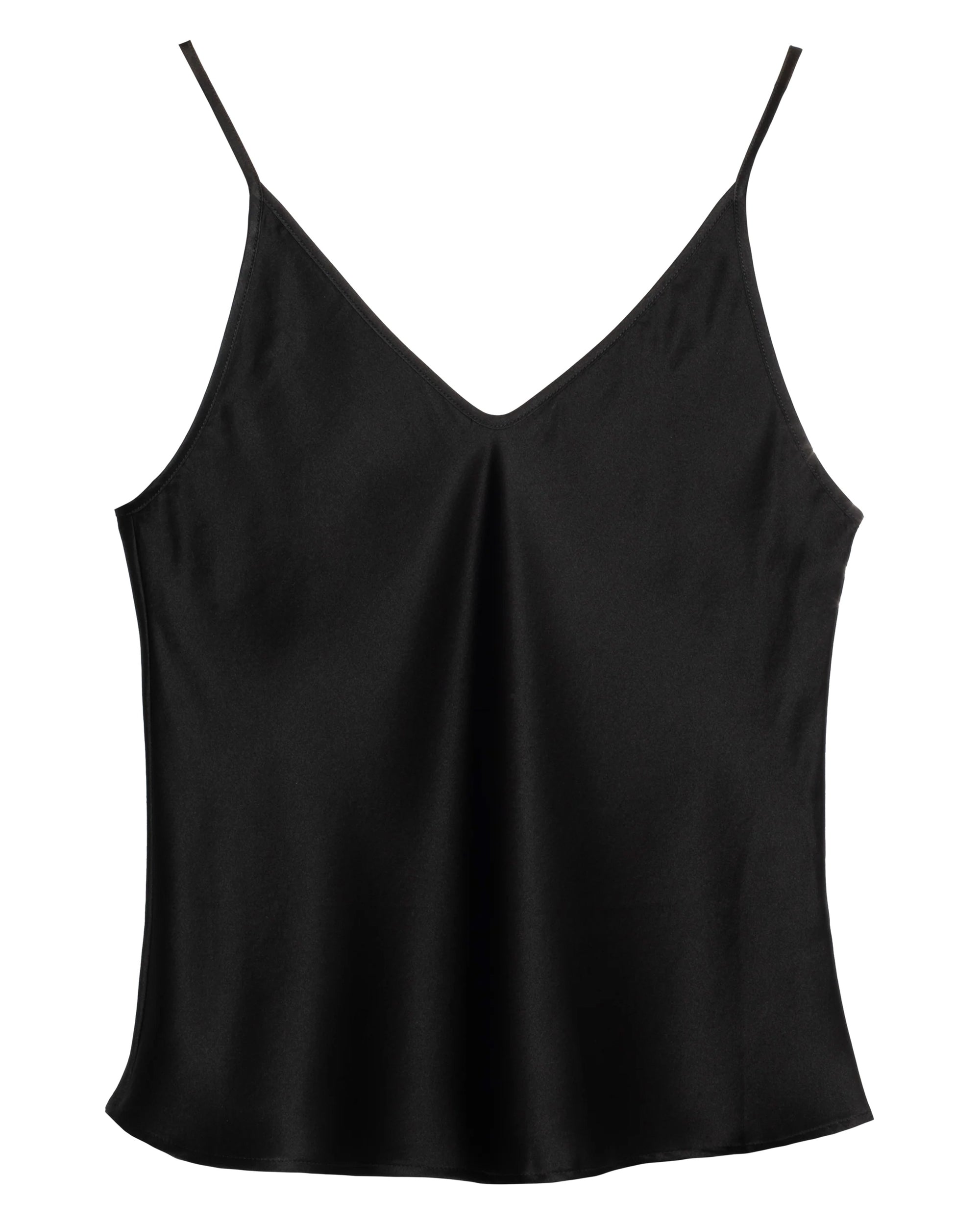 The Brazeau Tricot BT V Cami is a lightweight black satin camisole featuring thin spaghetti straps and a silk V-neckline, shown against a white background.