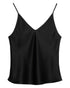 The Brazeau Tricot BT V Cami is a lightweight black satin camisole featuring thin spaghetti straps and a silk V-neckline, shown against a white background.