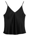 The Brazeau Tricot BT V Cami is a lightweight black satin camisole featuring thin spaghetti straps and a silk V-neckline, shown against a white background.
