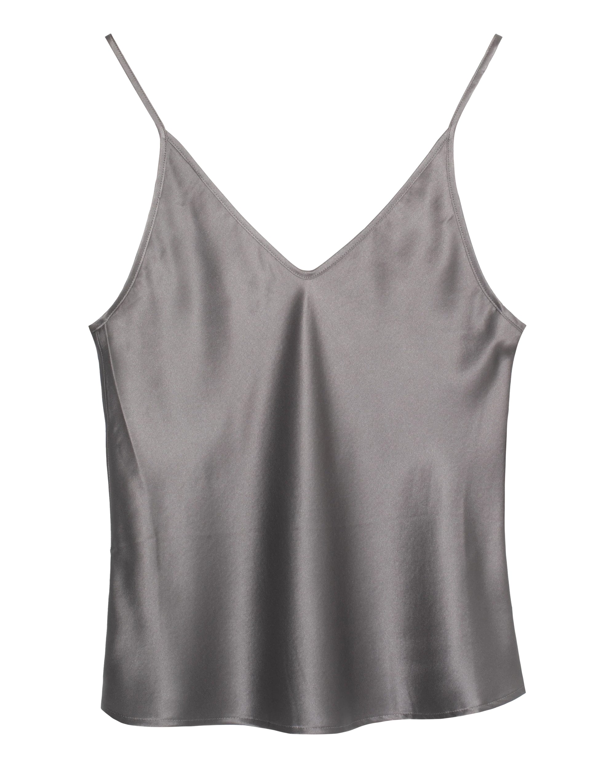 The Brazeau Tricot BT V Cami is a sleeveless, silver-gray satin camisole with a silk V-neck and thin spaghetti straps, designed for a flattering silhouette and shown against a plain white background.
