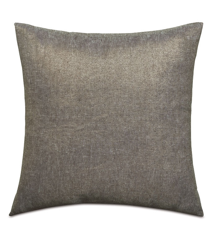 The Leonis Stitch Border pillow by Eastern Accents features a square shape with a textured, solid grayish-brown cover and includes a pillow insert, displayed against a plain white background.