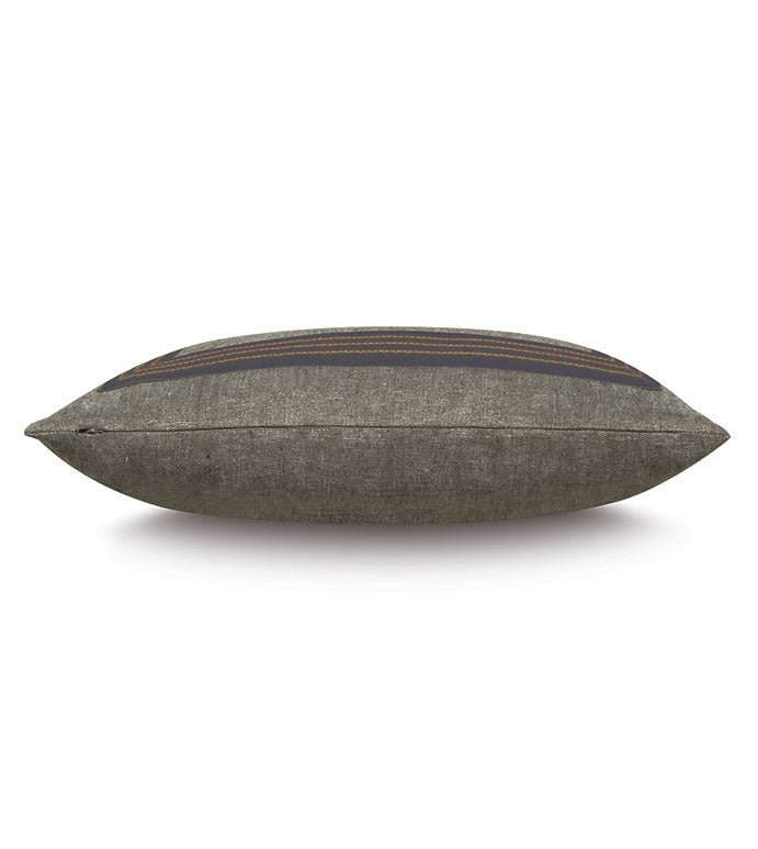 The Leonis Stitch Border knife edge pillow by Eastern Accents features a rectangular gray design with subtle blue, yellow, and brown horizontal stripes. Displayed on a plain white background. Pillow insert included.