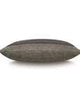 The Leonis Stitch Border knife edge pillow by Eastern Accents features a rectangular gray design with subtle blue, yellow, and brown horizontal stripes. Displayed on a plain white background. Pillow insert included.