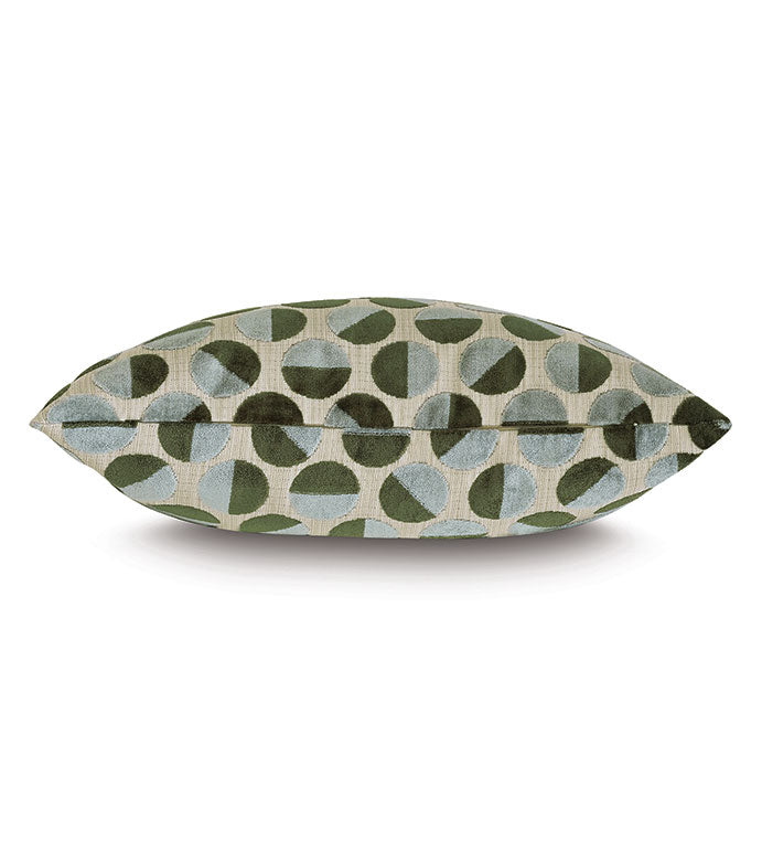 The PIXIE DECO throw pillow by Eastern Accents features green and blue half-circle patterns on a light background and is displayed from the side.