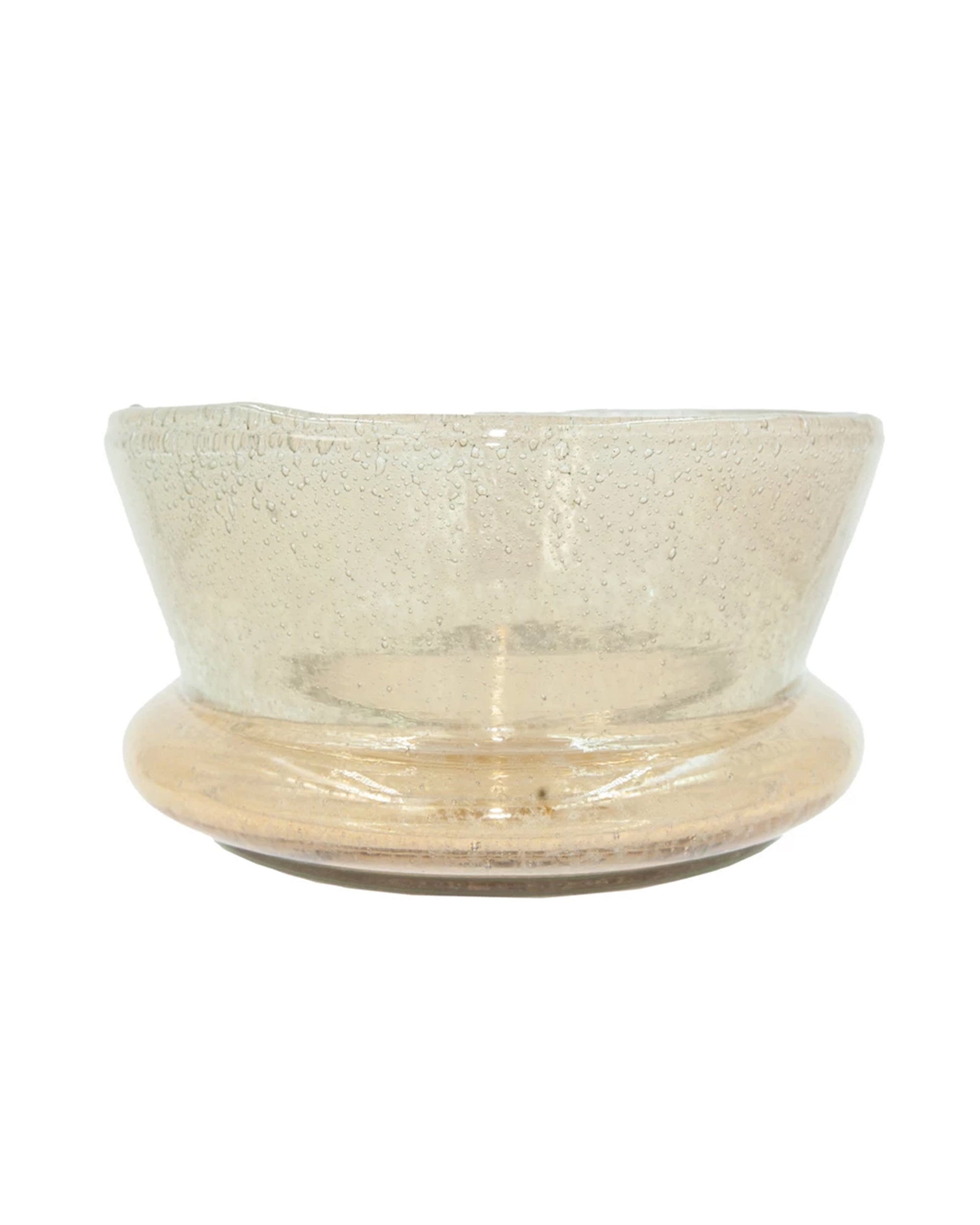 The Creative Co-op Bubble Glass Vase features clear, textured seeded glass with a wide rim and rounded base, shown resting on a flat surface against a white background.
