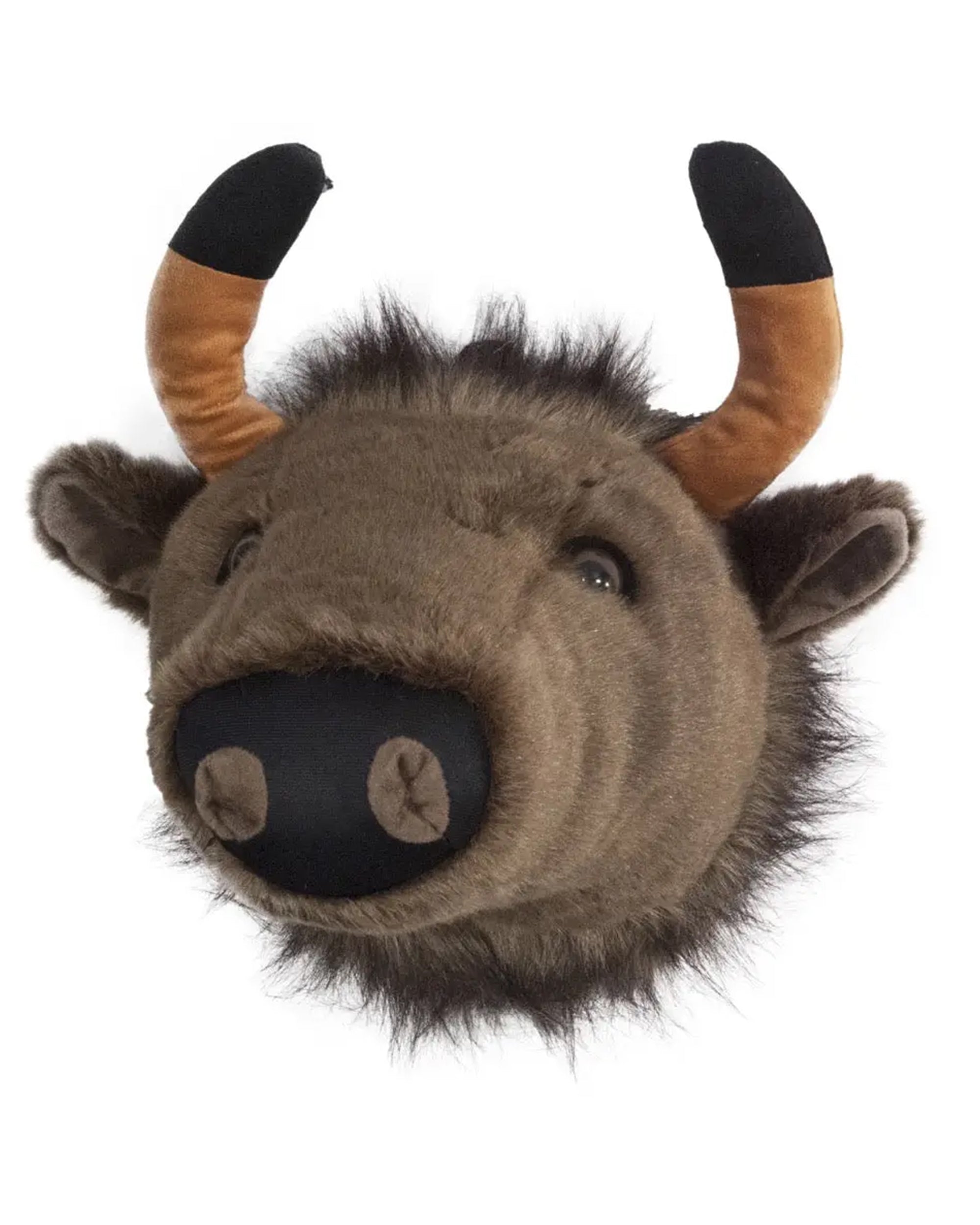 The Faire Buffalo Large Trophy Head features brown plush fur, black and tan horns, dark ears, and a large black snout—a unique wall décor piece for outdoor enthusiasts or anyone who loves distinctive plush trophy heads.