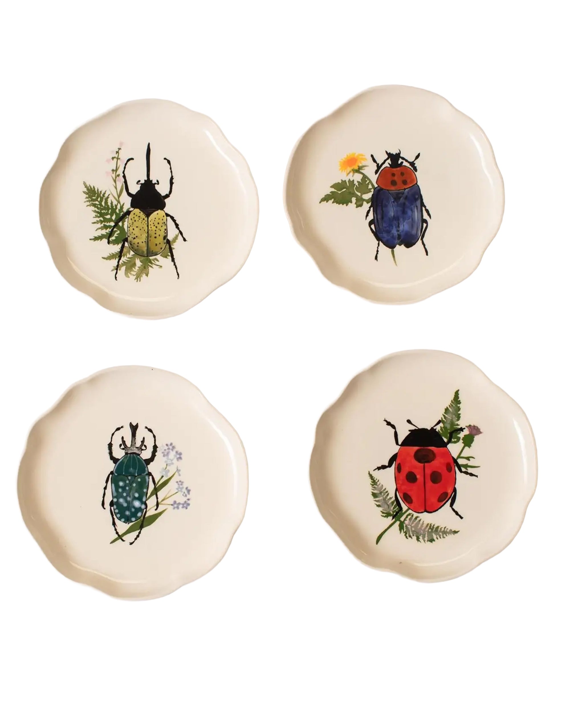 Set of four cream-colored Plate Botanical Beetles S by Faire, each featuring a unique beetle and botanical motif, arranged two-by-two—ideal for adding charm to any bug plate collection.
