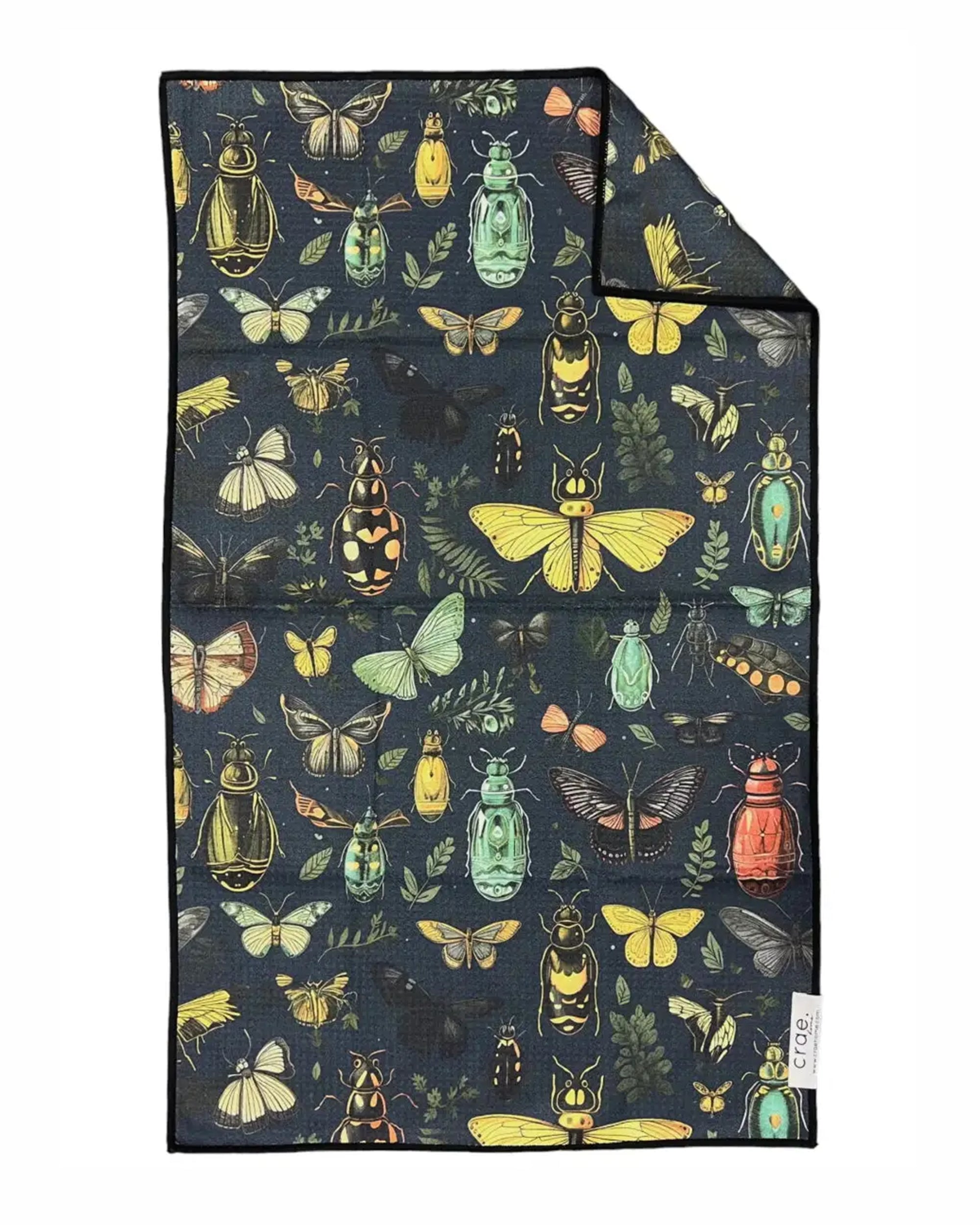 Black microfiber hand towel with colorful insect pattern, high absorbency by Faire Arthropod.