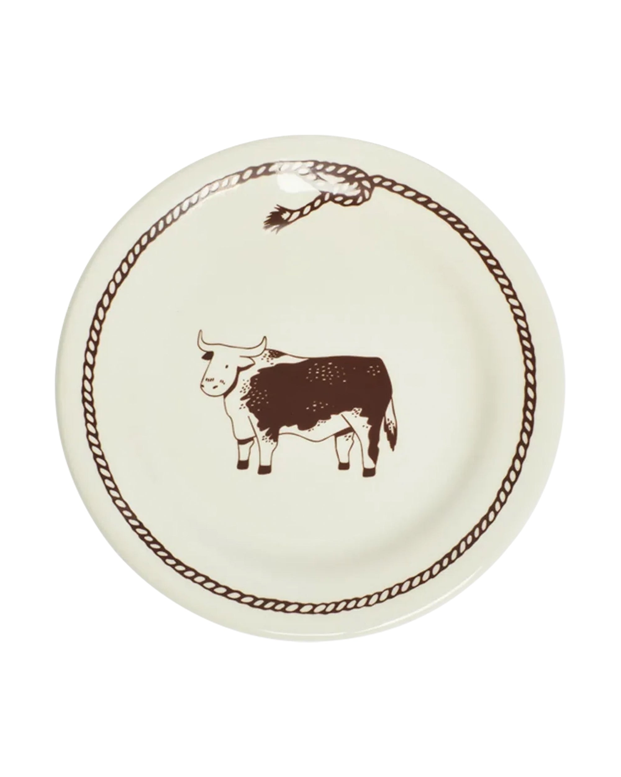 Stoneware plate with brown cow illustration and rope border by Fishs Eddy, microwave and dishwasher safe.