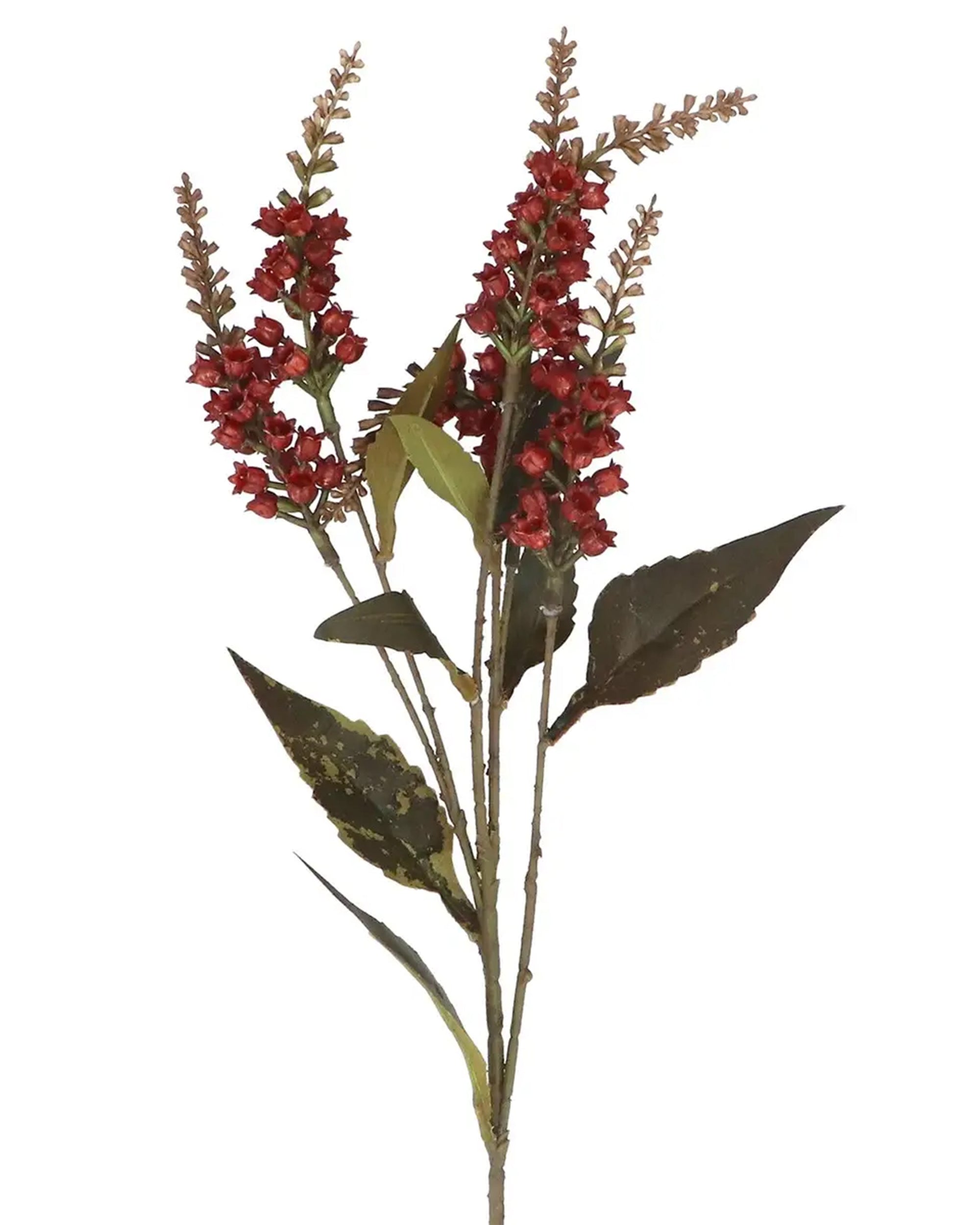 Burgundy mini bell flower spray with green leaves on brown stems by Faire, perfect for tabletop decor.