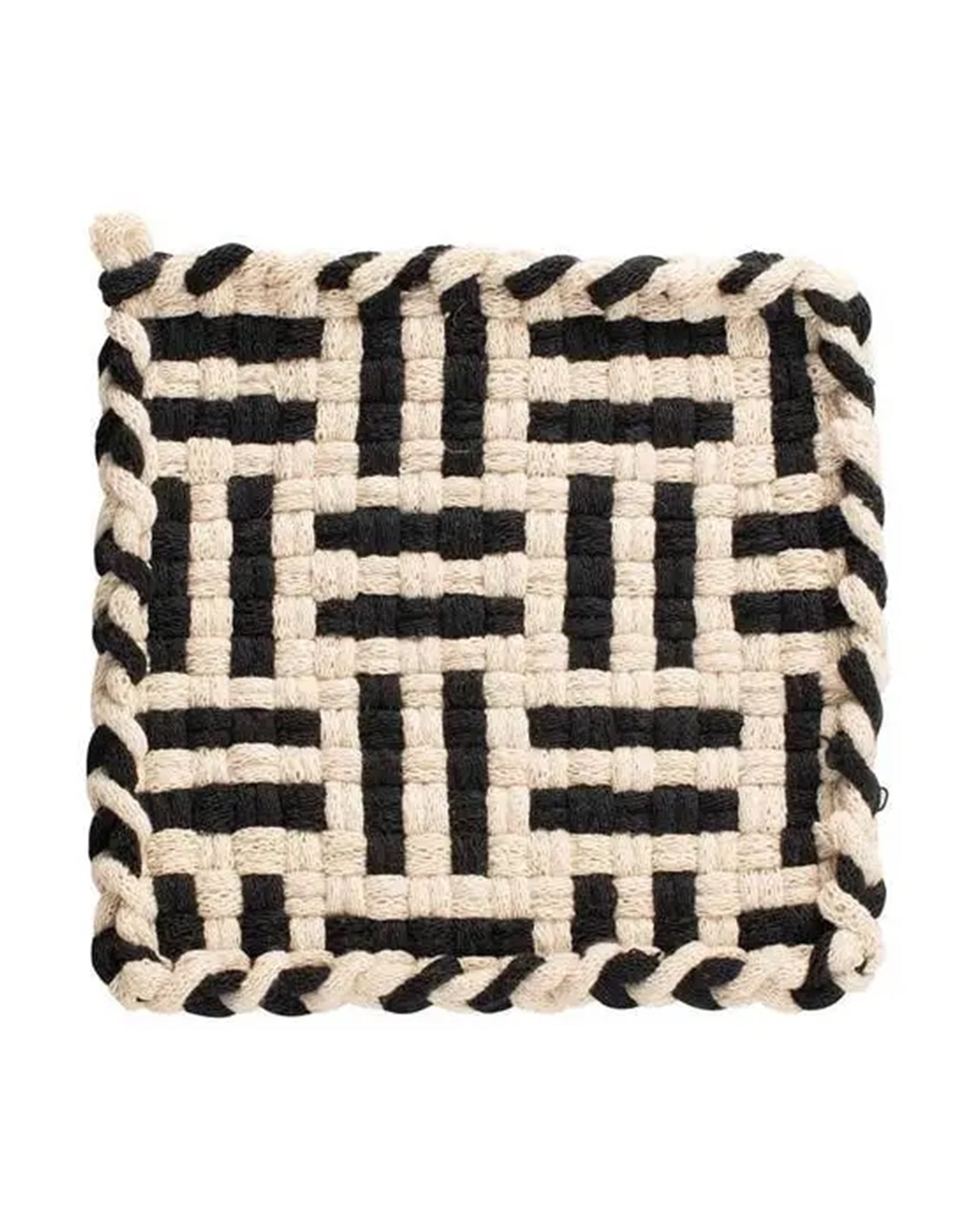 The Faire Handwoven Potholders Forest Collection features a square trivet handmade in the USA with a black and cream geometric checkerboard pattern and twisted black and cream edging.