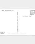 The "Congratulations On Your Achievement" postcard by Faire is a minimalist card inspired by David Shrigley. It includes labeled sections for your message, address, and stamp, with a reminder: "Be careful what you write; do not write nonsense.
