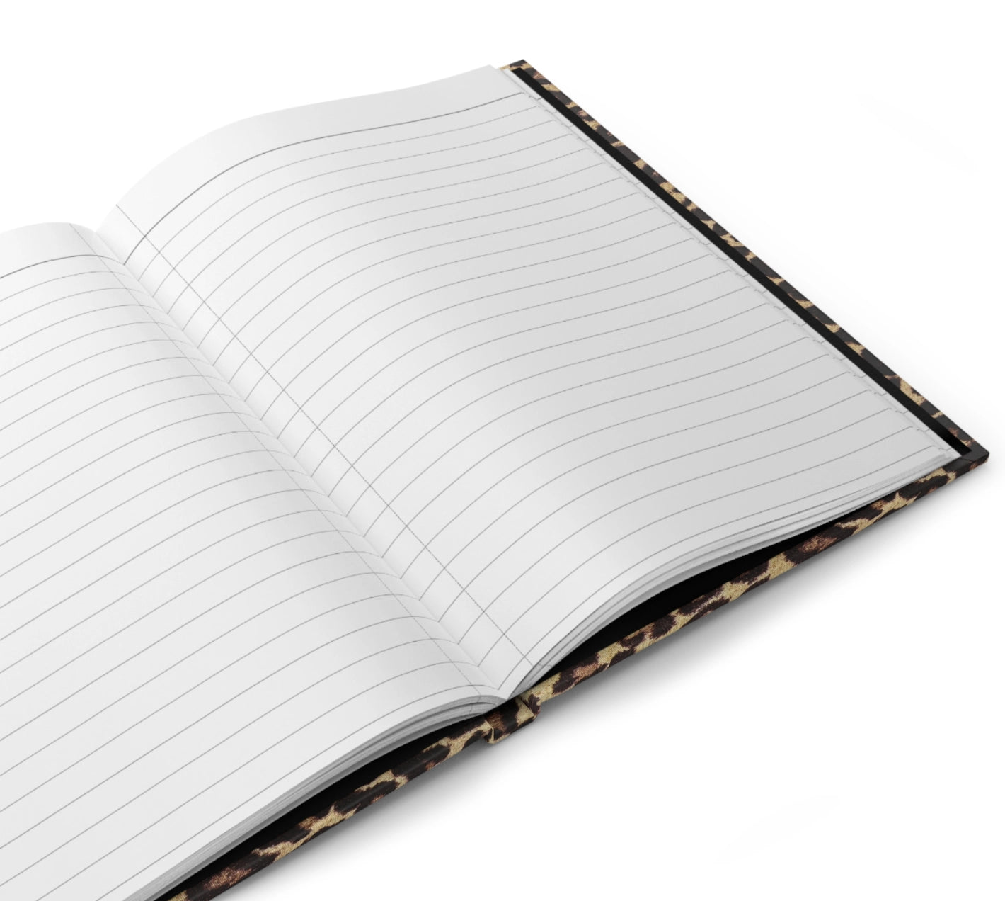 The Faire Leopard Journal is an open hardcover notebook with lined pages and a stylish brown and tan leopard print cover, shown against a white background.