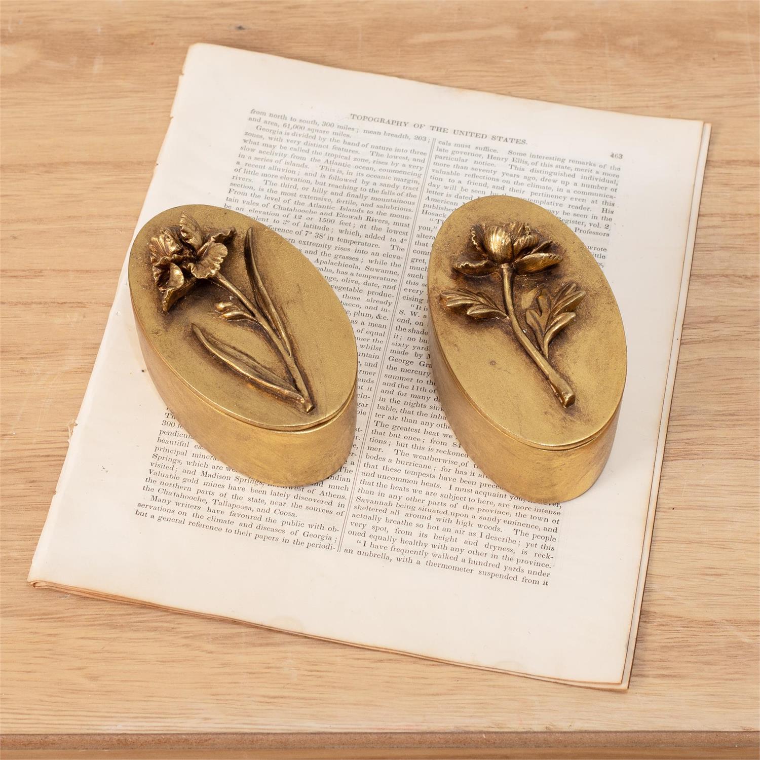 Two oval Faire Brass Tone Floral Boxes with raised floral designs sit on an open book atop a light wooden surface—ideal as vintage-inspired keepsake boxes or a thoughtful Mother’s Day gift.