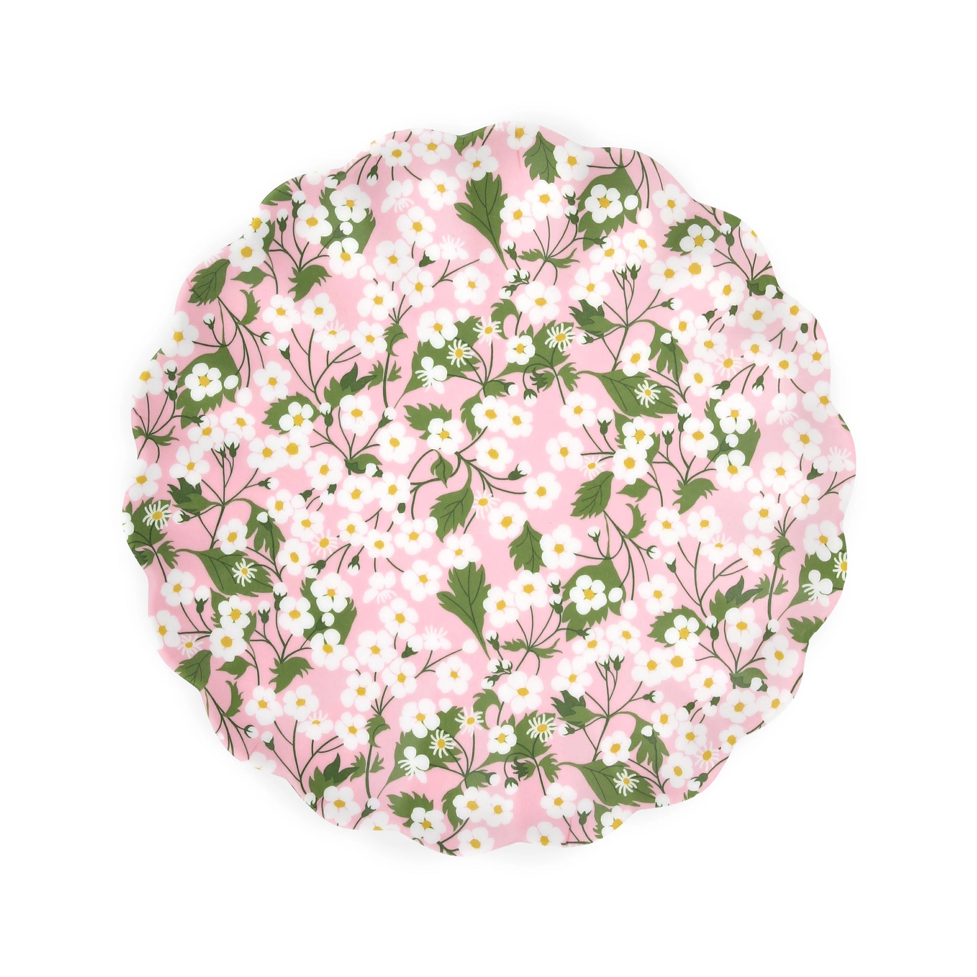The Faire Mixed Set Reusable Small Plates feature a round, scalloped design with a pink background and a white flower and green leaf pattern—ideal for adding Liberty charm to your table.